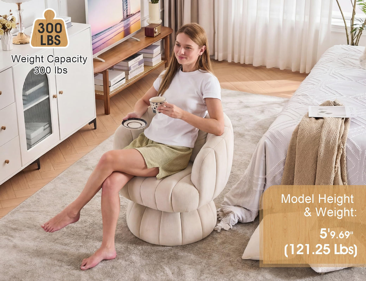 Beige Velvet Swivel Barrel Chair
