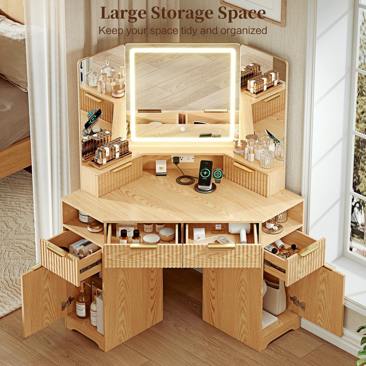 GRUTEUNIT Corner Makeup Vanity Desk with 3 Way Mirror and Lights,48" Large Vanity Table with 6 Drawers & Storage Cabinets, Charging Station, Fluted Dressing Table for Bedroom, Oak