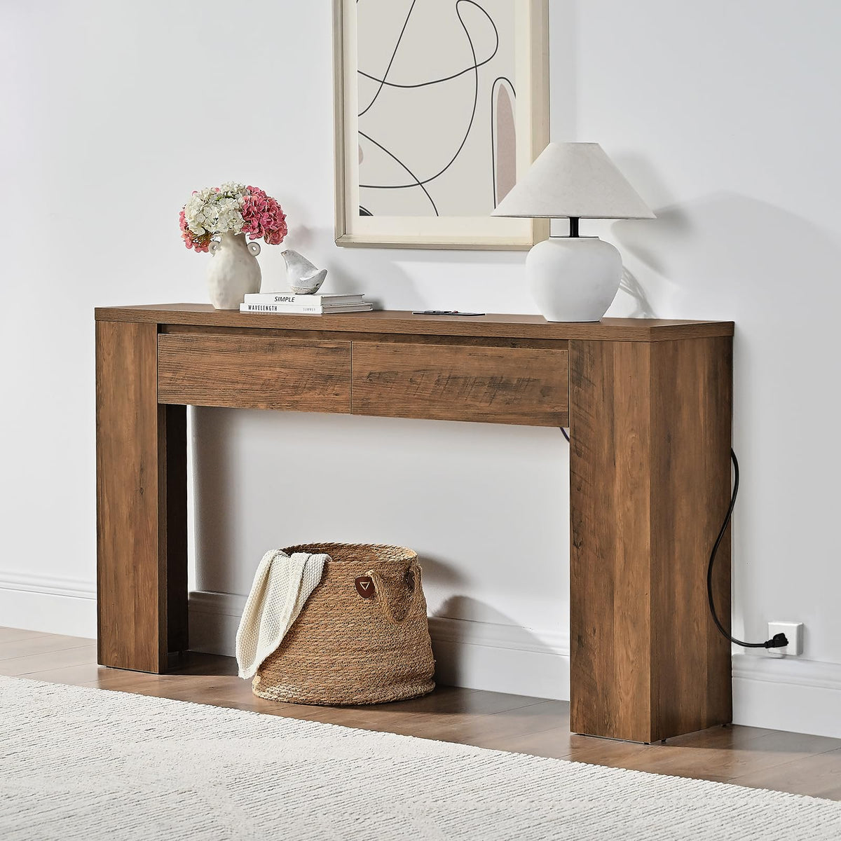 Madison Park Essentials Console Table with Power Outlet & USB Port, 63" Long Narrow Sofa Table with Flip-Top Hidden Storage Shelf, Behind Couch Entryway Hallway Table for Living Room, Warm Brown