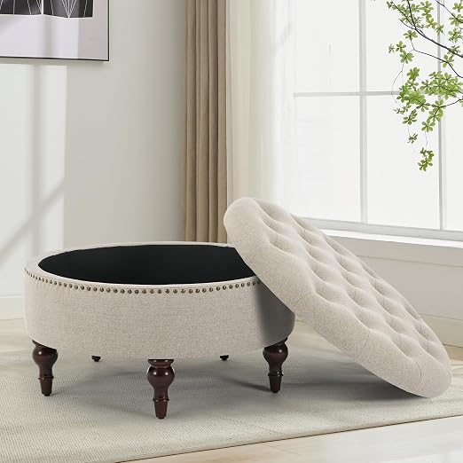Round Storage Ottoman with Button Tufting & Wood Legs