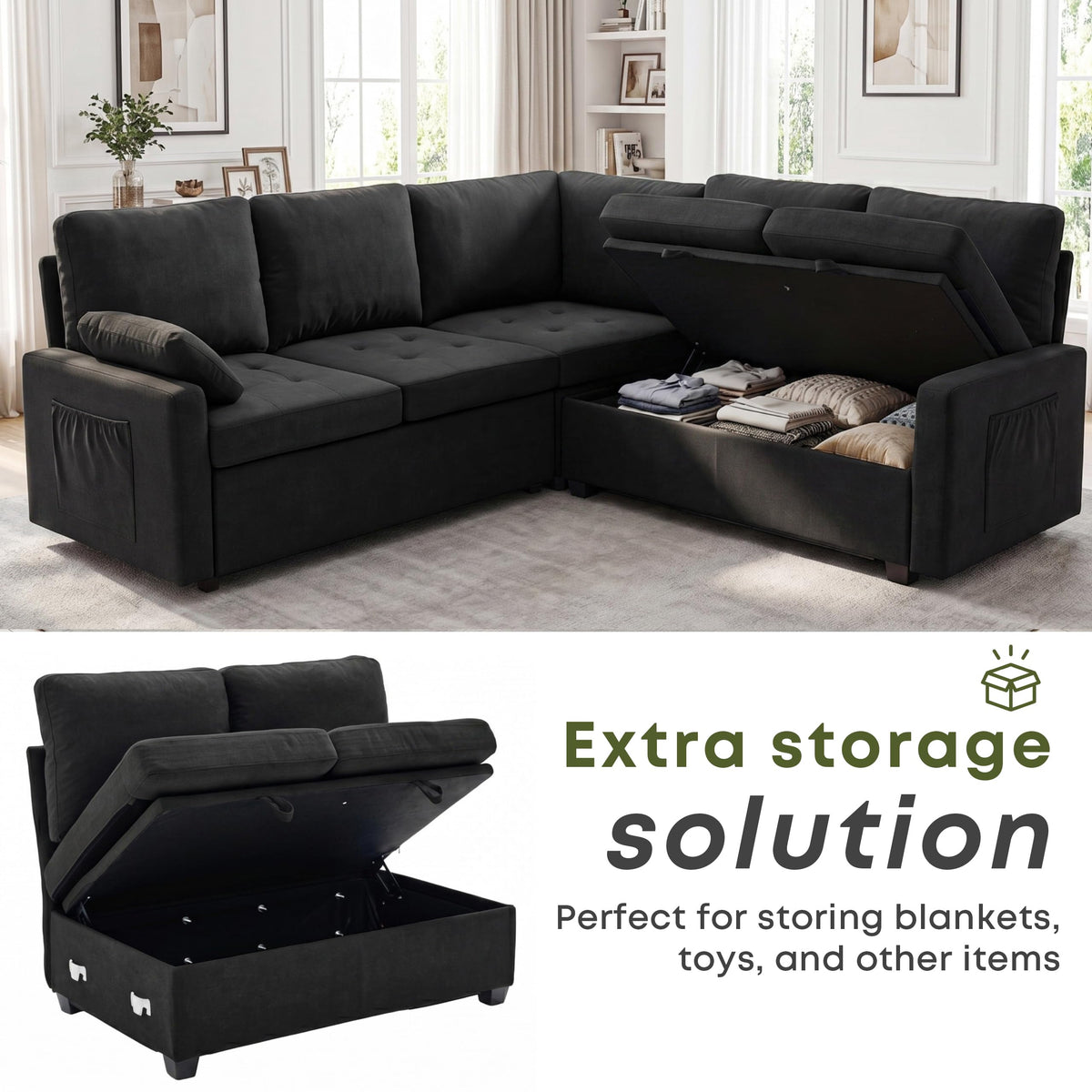 Huatean Home 82" Pull Out Couch with Storage, Sleeper Sofa, 5 Seat L Shaped Sectional Couches for Living Room, Modular Sectional Couch with Removable Covers, Black