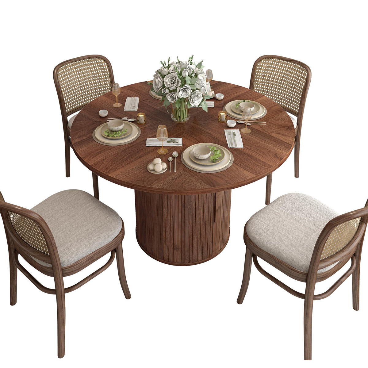 weselon 47 inch Round Dining Table for 4, Kitchen Table Dinner Table with 2-Layer Storage Shelf and Wood Slide Door for Home Dining Room Living Room (Walnut)