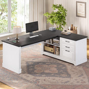 L-Shaped Executive Desk with File Drawers & Power Outlets