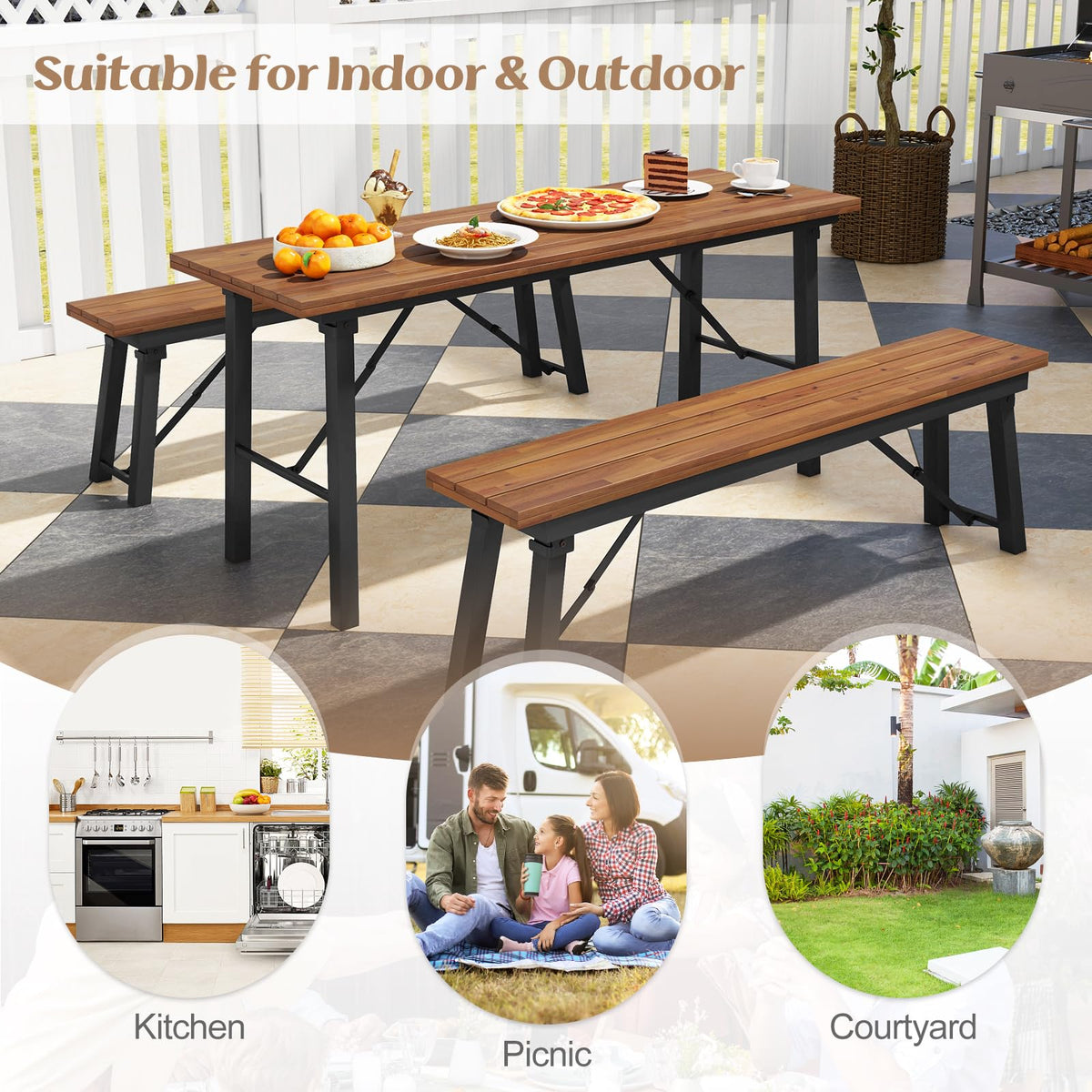 Tangkula 59" Narrow Outdoor Dining Table for 4-6, Natural