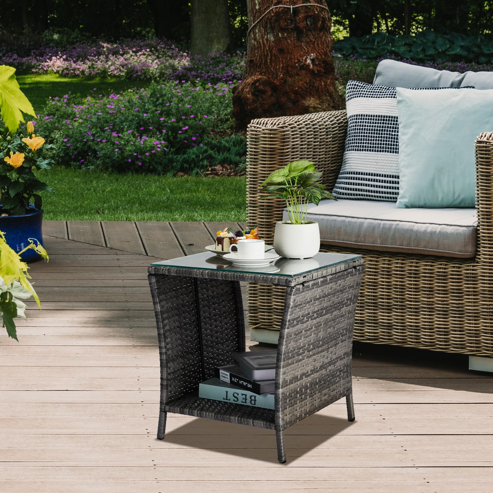 Wicker Outdoor Side Table with Tempered Glass Top & Storage Shelf