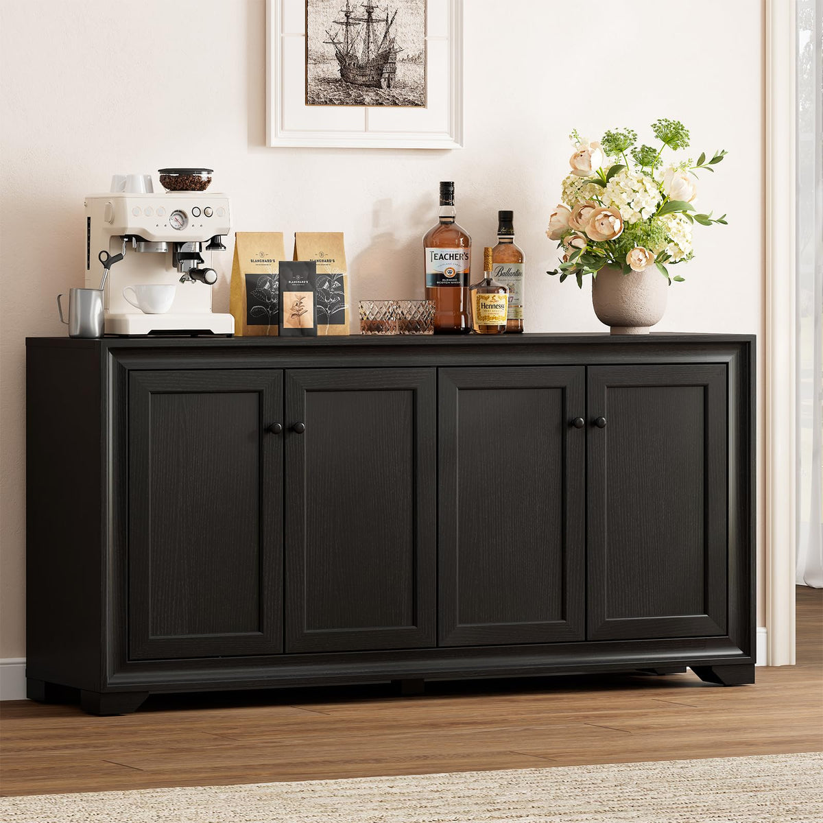 Comfycorner 60" Buffet Cabinet with Storage, Sideboard Buffet Table Black