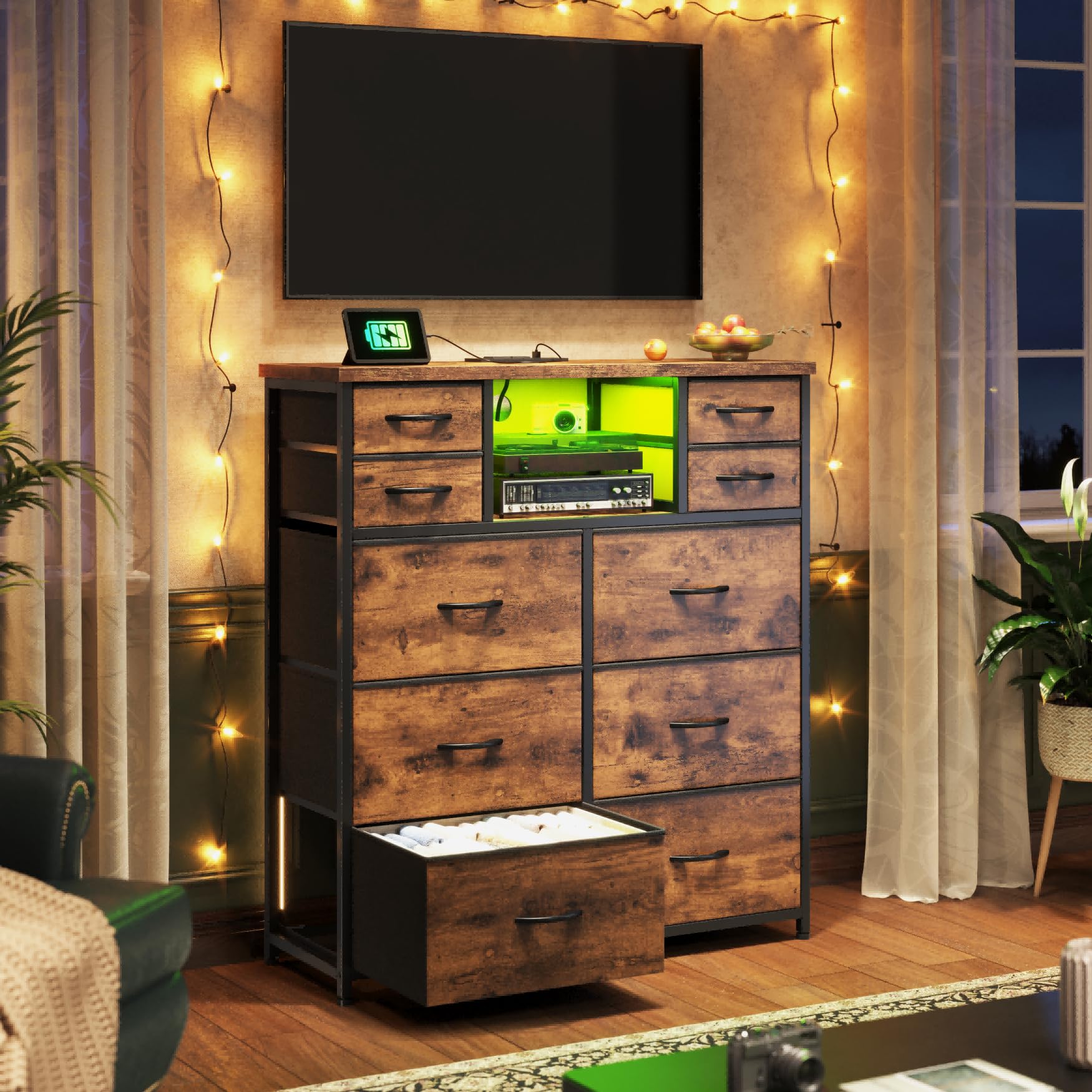 Romorgniz Dresser for Bedroom with 10 Drawers Featuring LED Light and Power Outlet, Fabric Dressers & Chest of Drawers with Open Shelves for Hallway, Living Room, Steel Frame,Wood Top, Rustic Brown