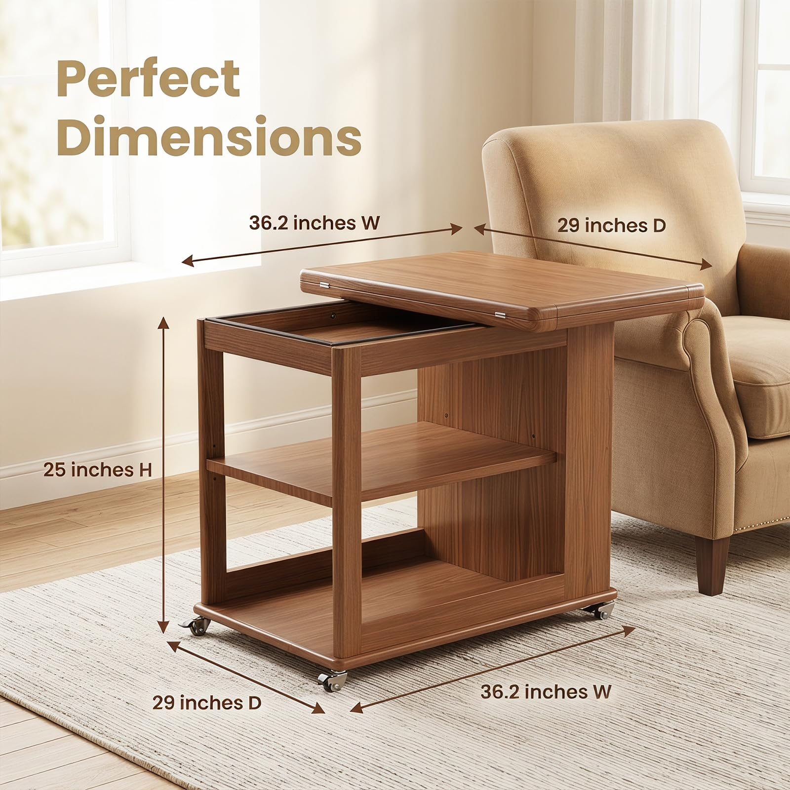 YQJJGL Expandable Coffee Table with Hidden Storage and Wheels, Convertible Wood Center Table with 2-Tier Adjustable Shelves, Rolling Coffee Table for Living Room, Small Spaces, Walnut