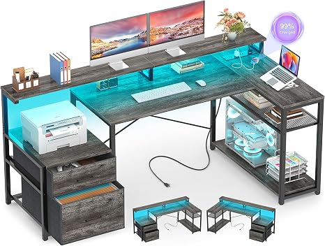 L-Shaped Desk with File Drawer, Power Outlet & LED Strip