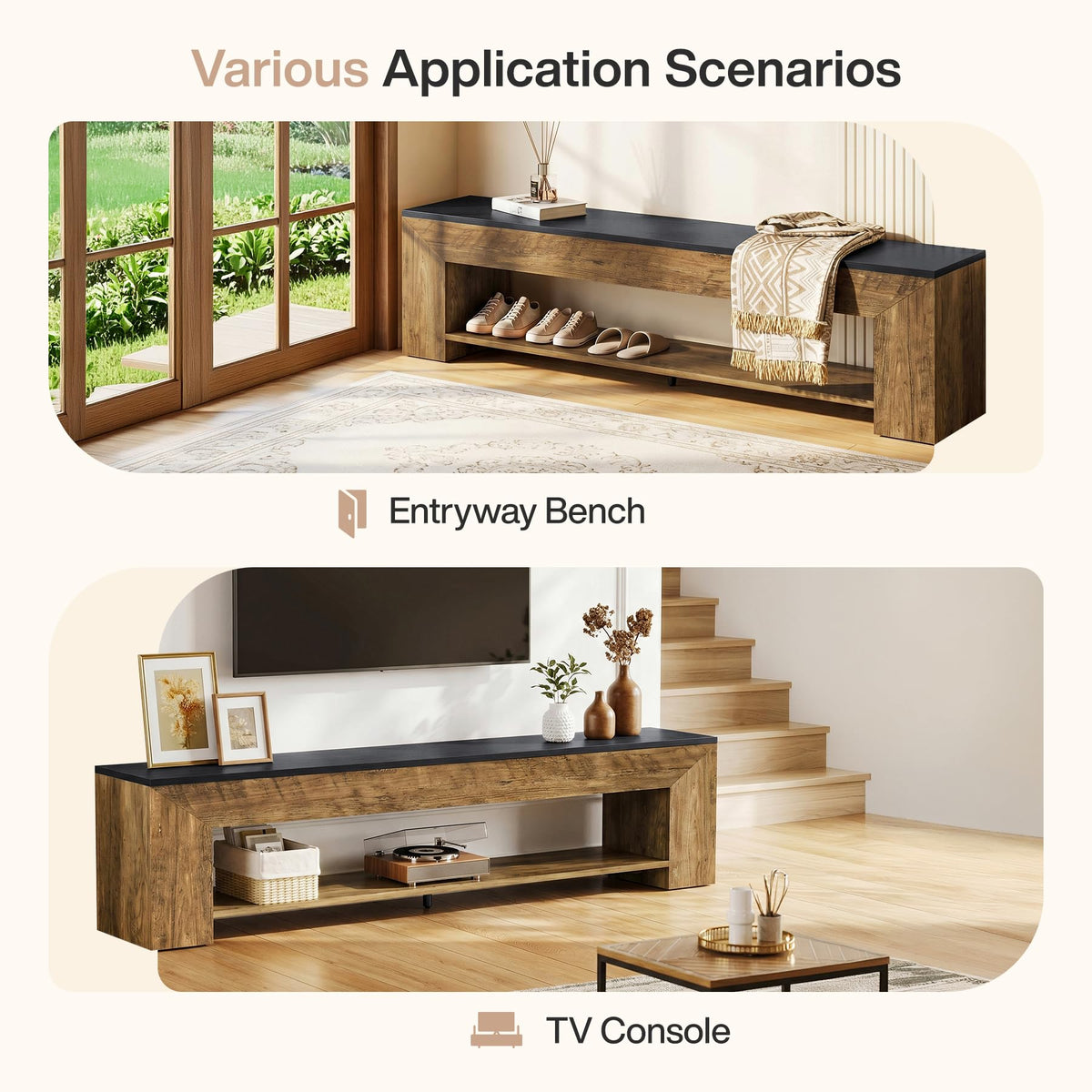 Tribesigns 71-Inch Extra Long Entryway Bench with Shoe Storage, Farmhouse Shoe Bench with 2 Shelves, Wooden Indoor Seating for Hallway, End of Bed, Living Room, Mudroom, Rustic Brown & Black