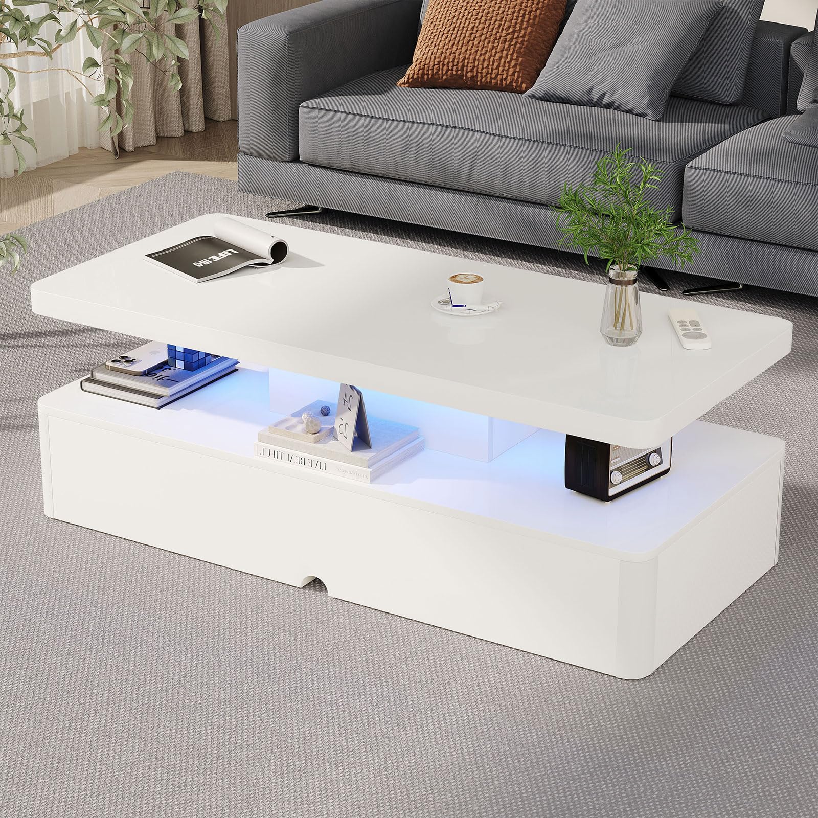 MXV Modern Coffee Table, 47 Inches Coffee Tables with 16 Colors LED Lights, 2 Tier Rectangular Center Table, Large Storage Space, High Glossy Wooden Tea Table for Living Room, Bedroom, Office, White