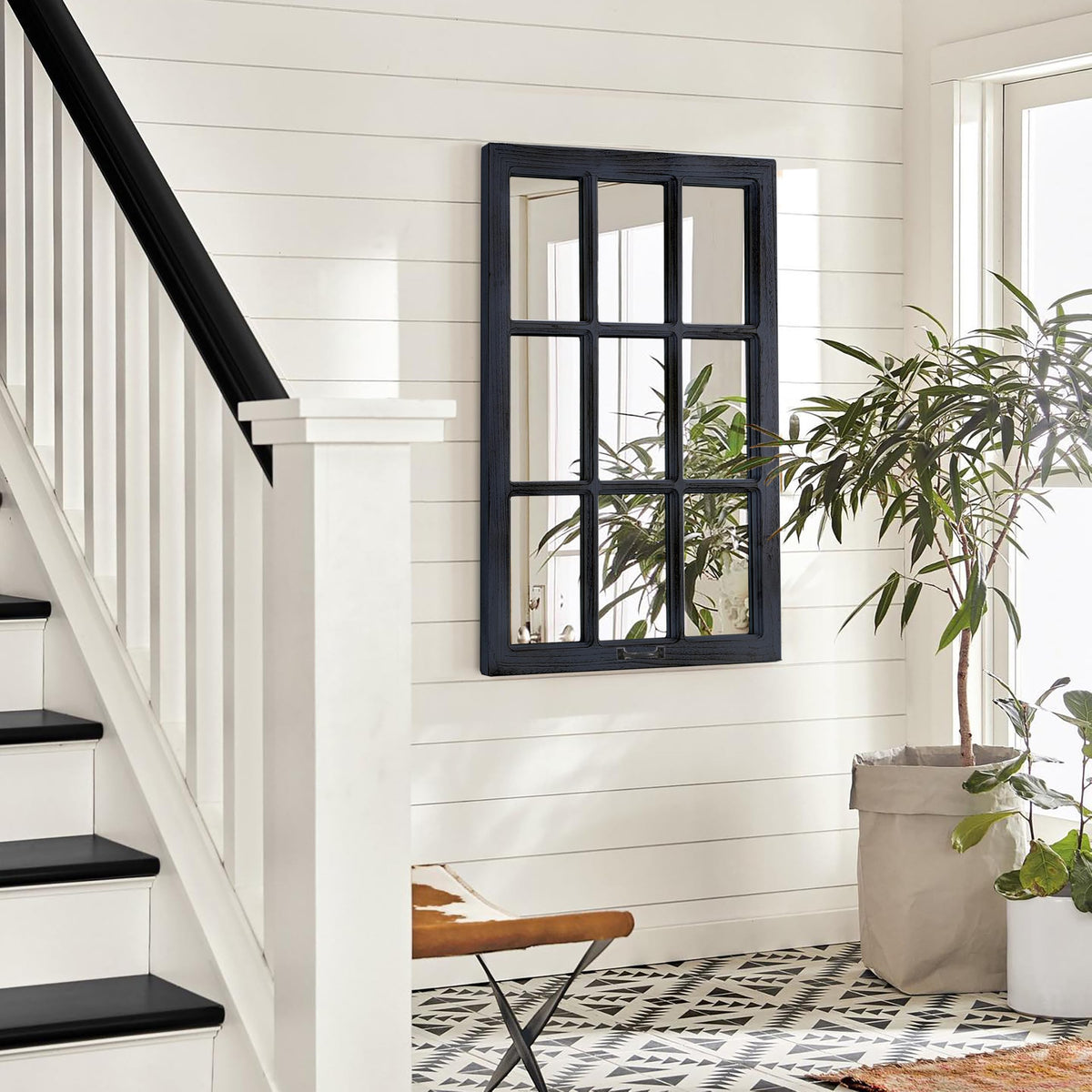 Black Wood Windowpane Wall Mirror