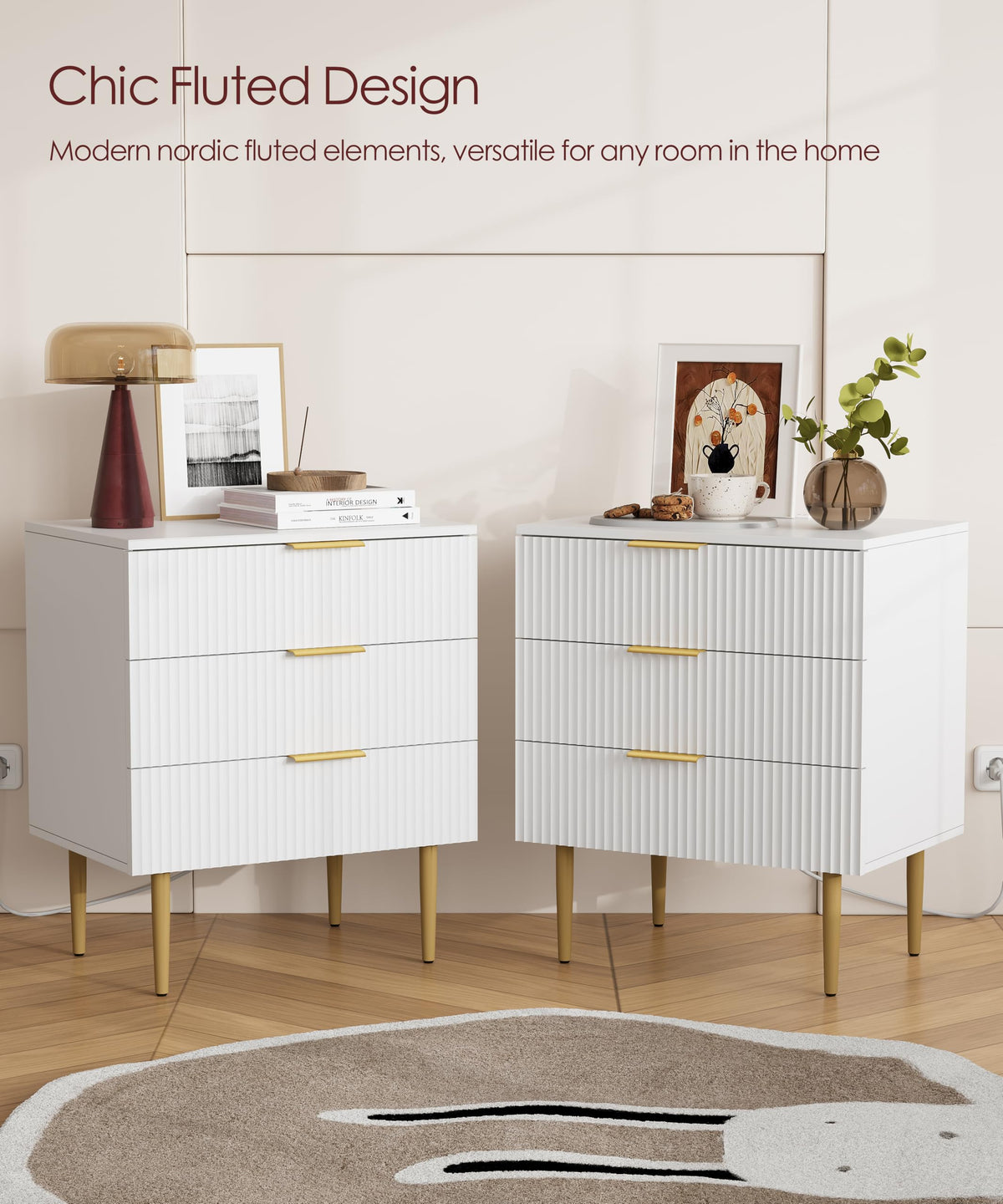 White Fluted Nightstand with Charging Station
