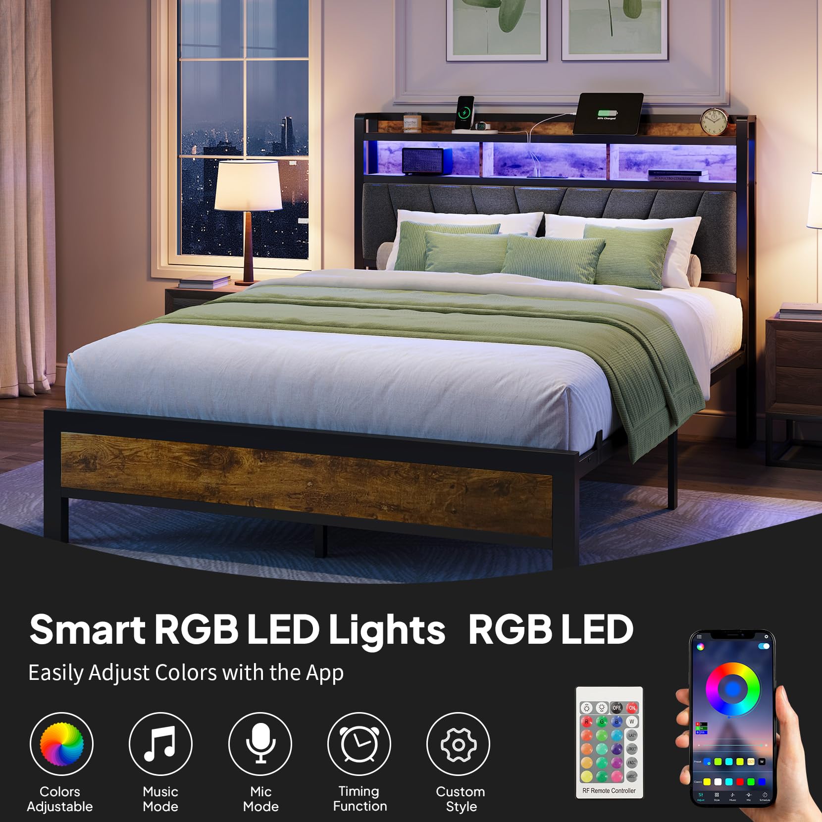 Platform Bed Frame with Storage Headboard, RGB LED Lights & Charging Station