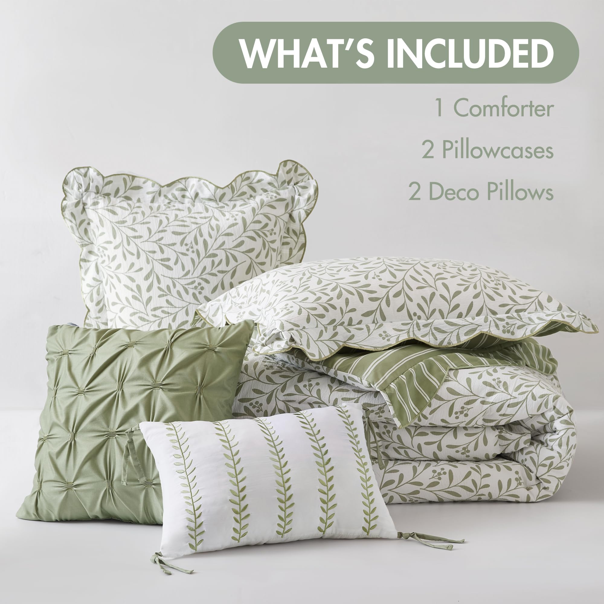 Madison Park 5-Piece Reversible Botanical Comforter Set - Summer Floral Print with Scalloped Edges, Lightweight Bedding with Decorative Pillows, Queen, Market Green