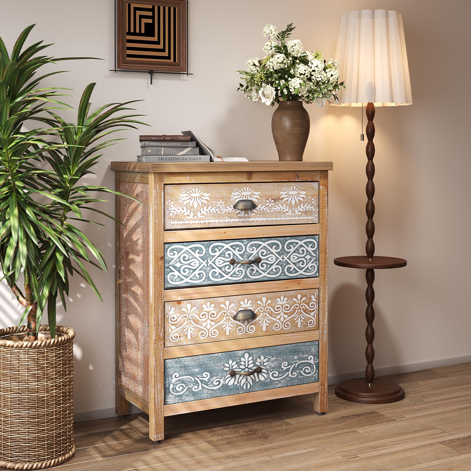 UWAMCIG Bohemian 4 Drawer Dresser, Boho Vintage Storage Cabinet, Rustic Solid Wood Accent Chest, Carved Wood Furniture, Traditional Country Style for Entryway, Living Room, Kitchen
