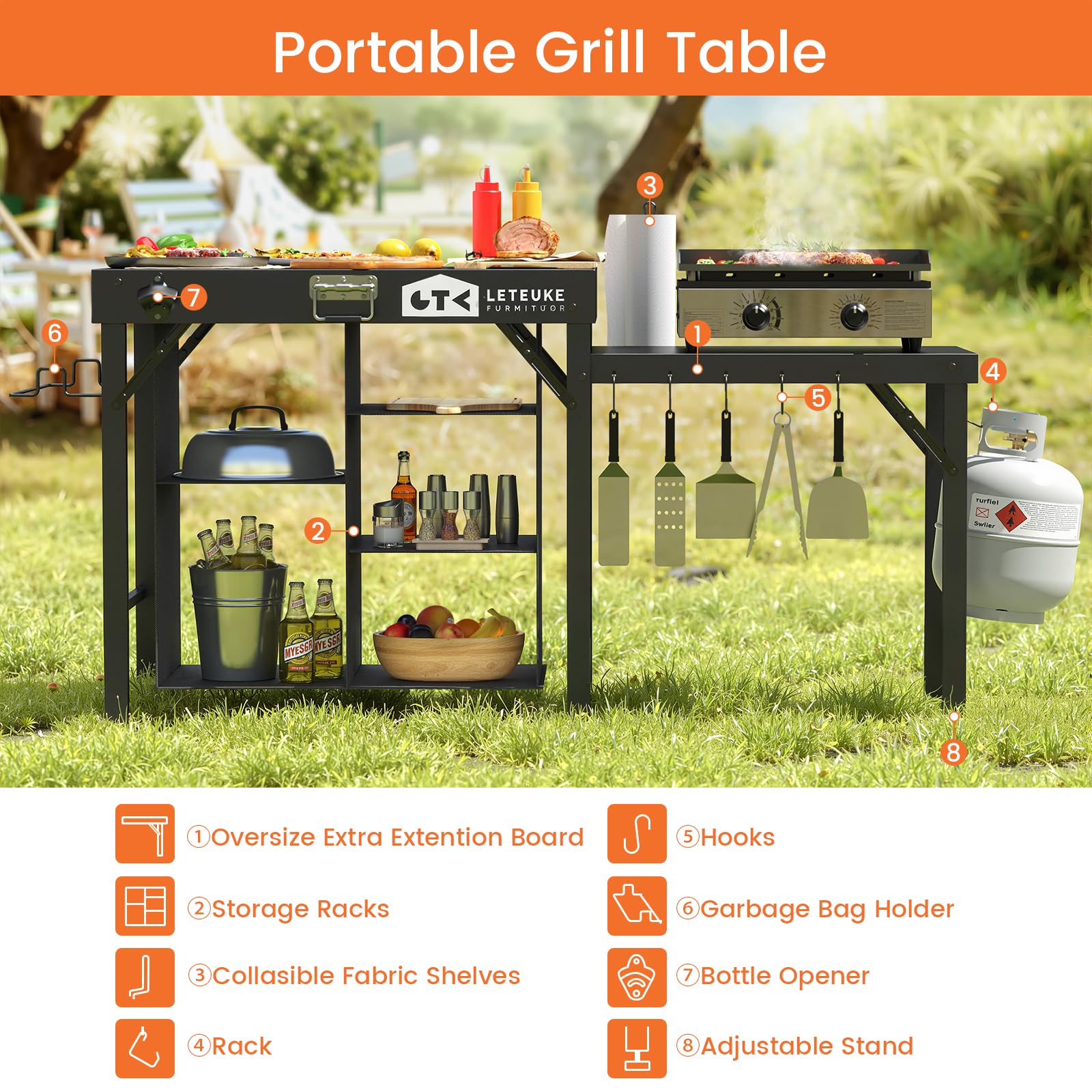 Portable Foldable Grill Table with Storage