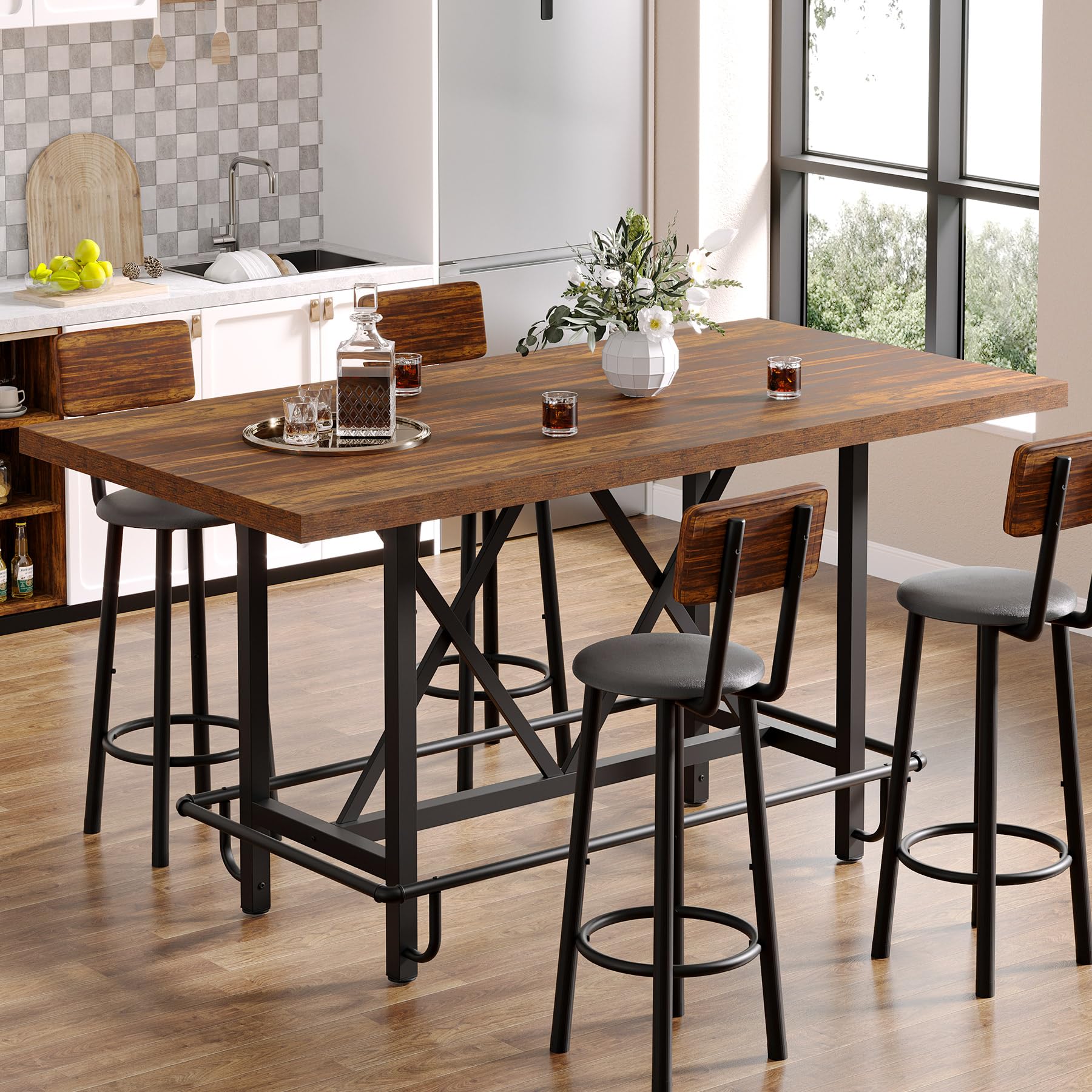 63-Inch Counter Height Bar Table with Metal Footrest
