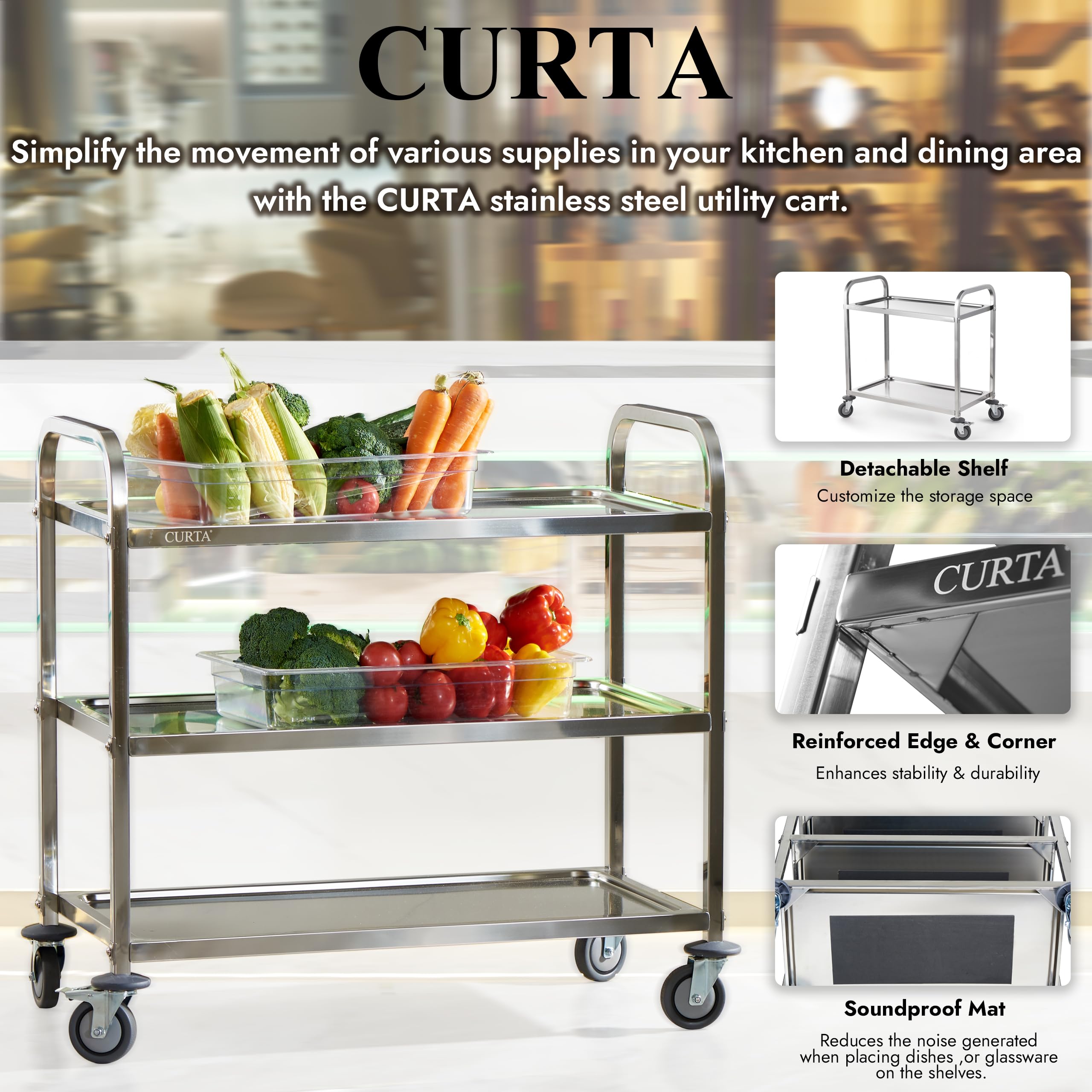 3-Tier Stainless Steel Utility Cart with Locking Casters
