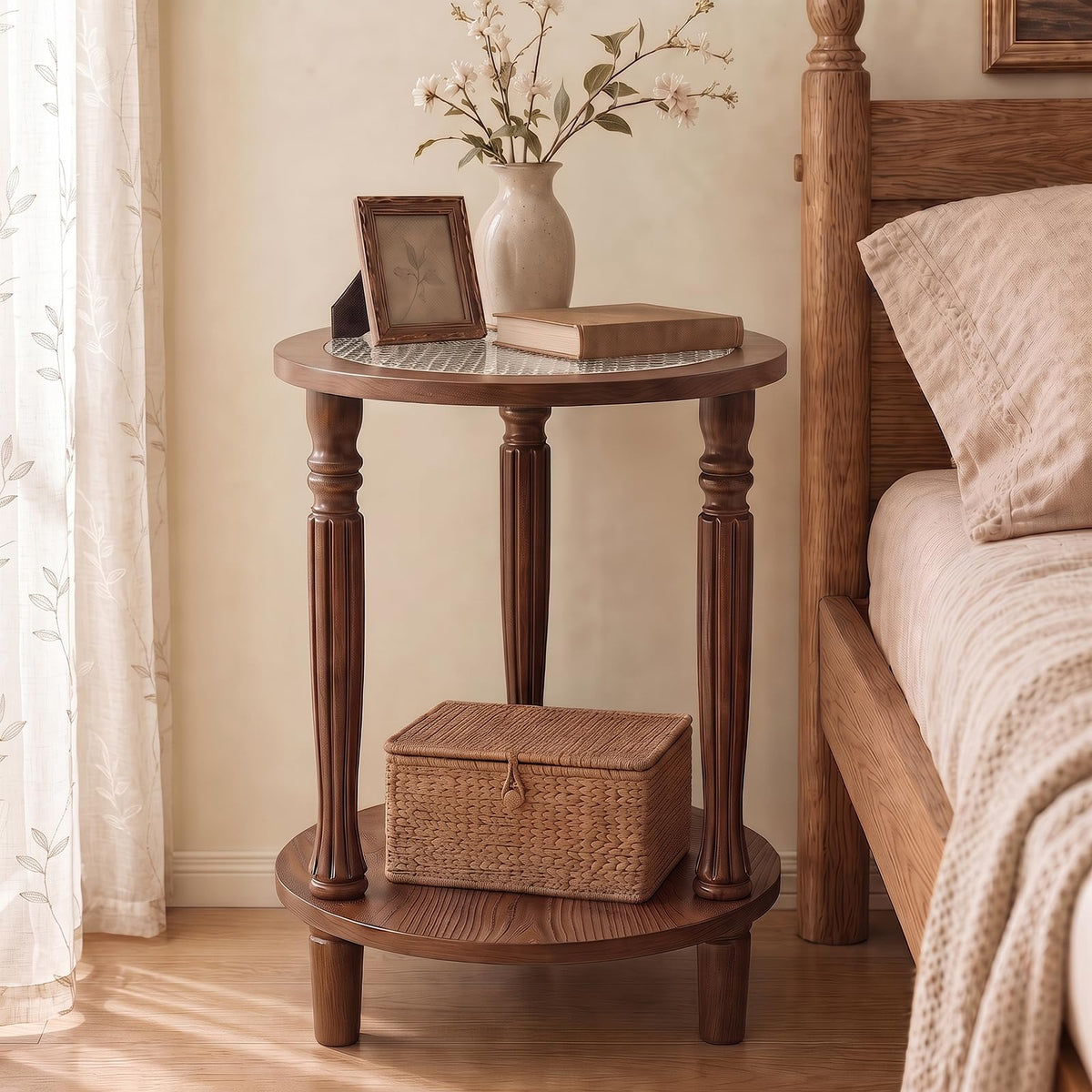 Huquczm Walnut Brown Round 2‑Tier French Vintage End Table with Glass
