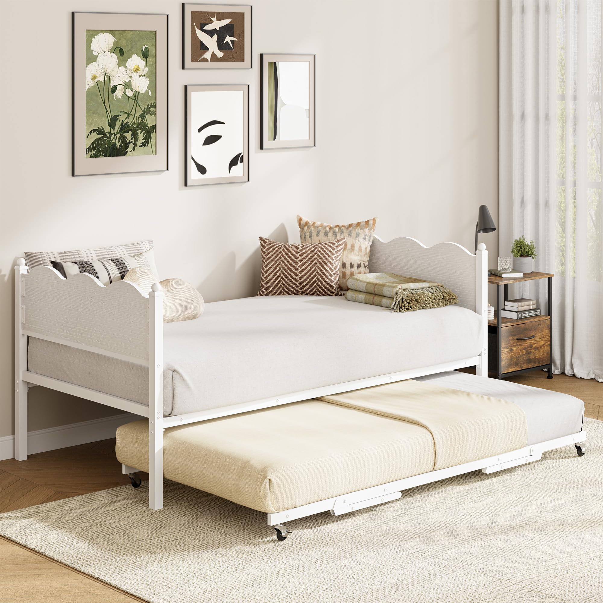 Garvee Twin Daybed with Trundle, Day Bed with Industrial Wood Grain Headboard, Steel Slats Support & Lockable Casters, Space-Saving & Multifunctional, Easy Assembly for Living Room, Bedroom, White