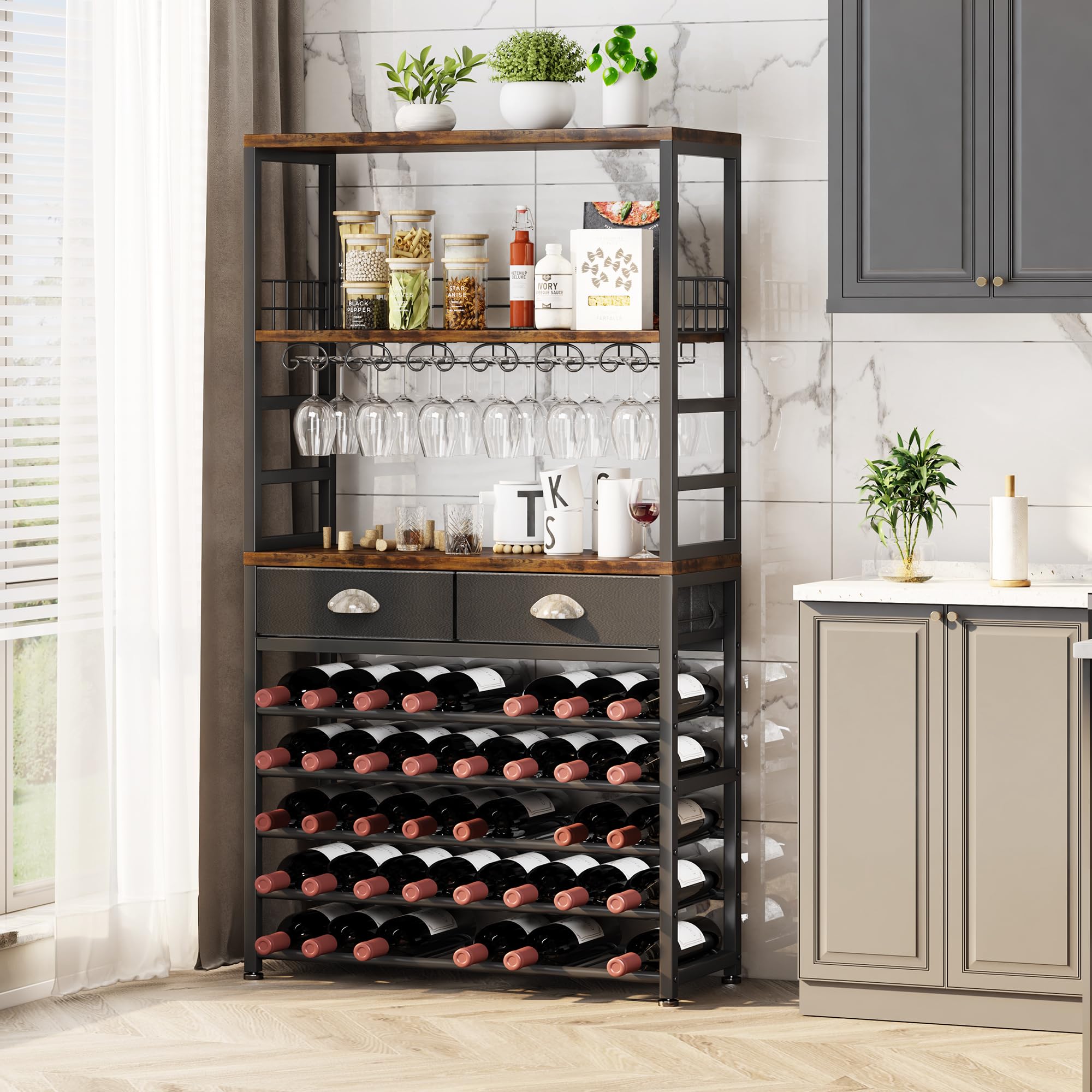 Homeiju Wine Cabinet with Storage, Wine Rack Freestanding Floor, 6-Tier with Tabletop, Drawer and Wine Storage for Home Bars