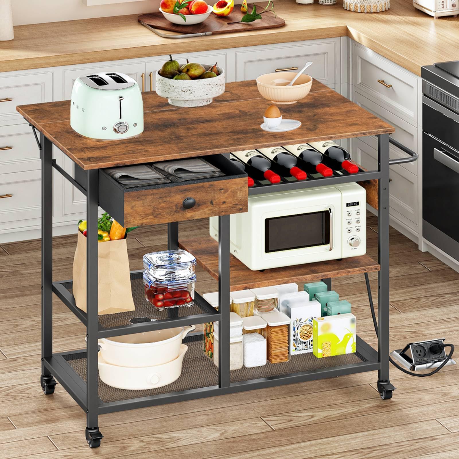 Rolling Kitchen Island with Drop Leaf & Power Outlet