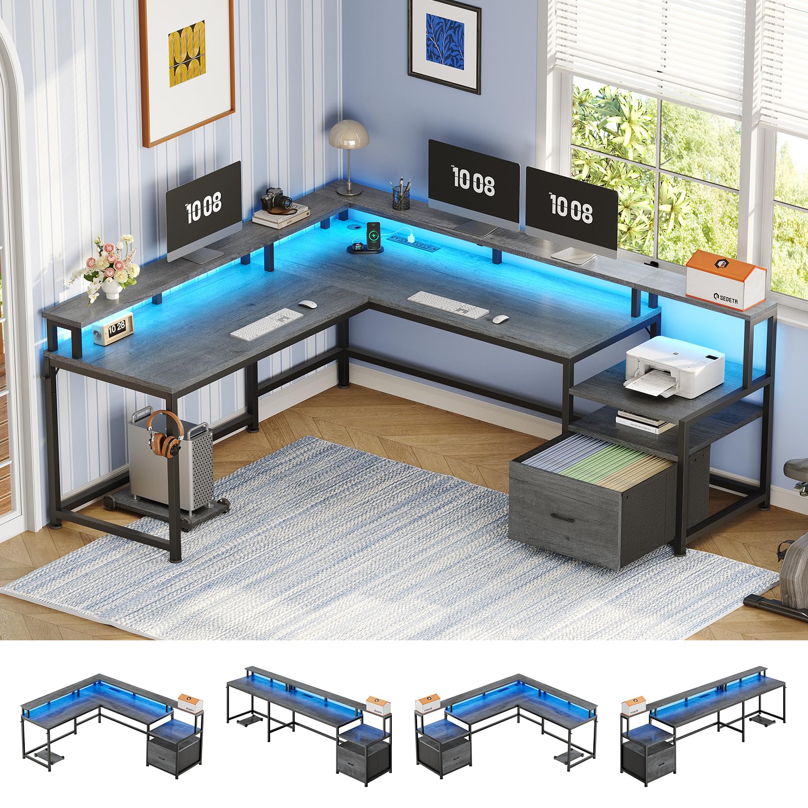 SEDETA L Shaped Desk, 66" Home Office Desk with File Drawer & Power Outlet, Gaming Desk with Led Lights, Corner Computer Desk with Monitor Shelf, Printer Storage Shelves, Two Person Desk, Grey