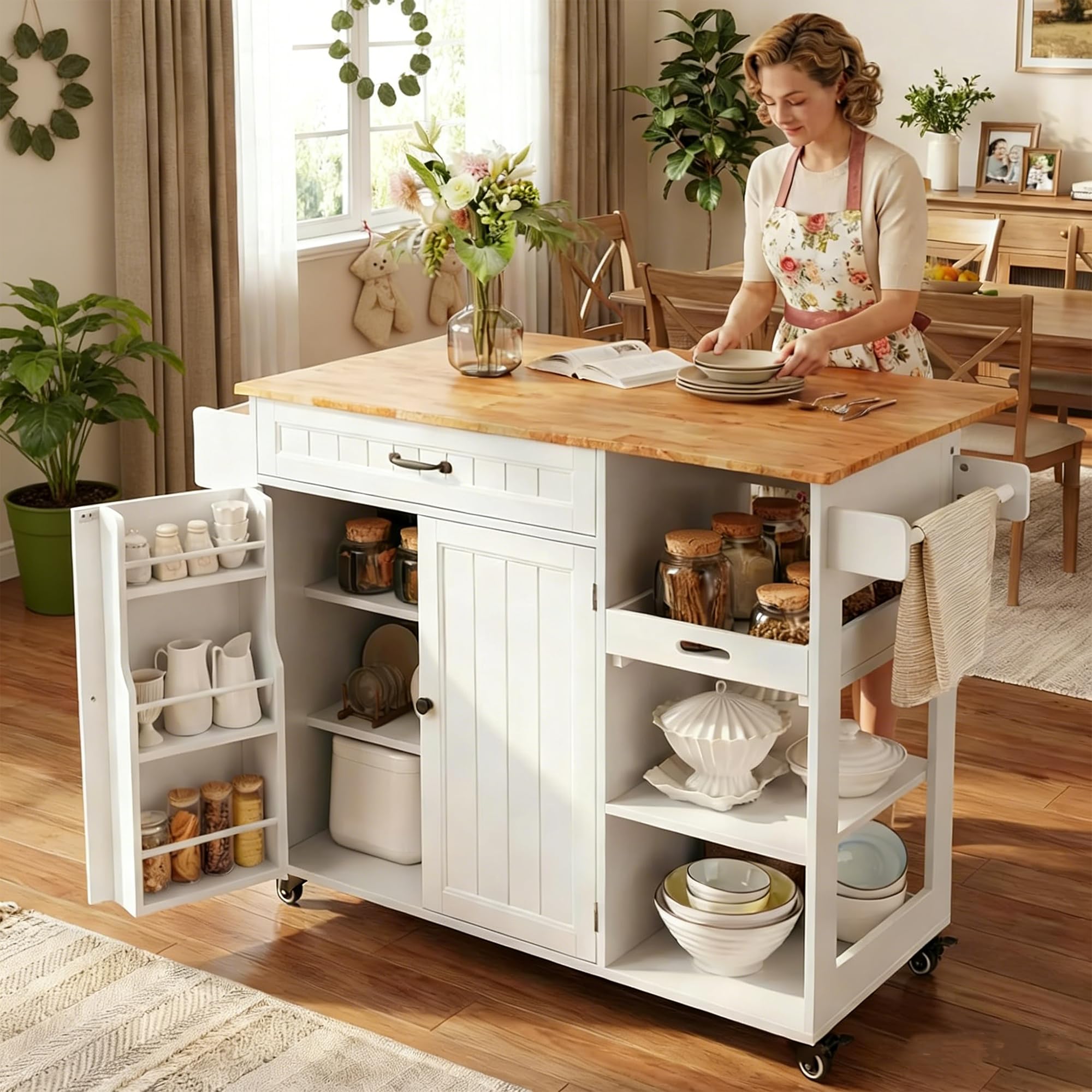 Gizoon Update Kitchen Island, 41.7" W Kitchen Island with Storage, Rolling Island Table on 5 Wheels, with Drop Leaf, Refrigerator Door, Adjustable Shelf, Spice/Towel Rack, Removable Tray, White