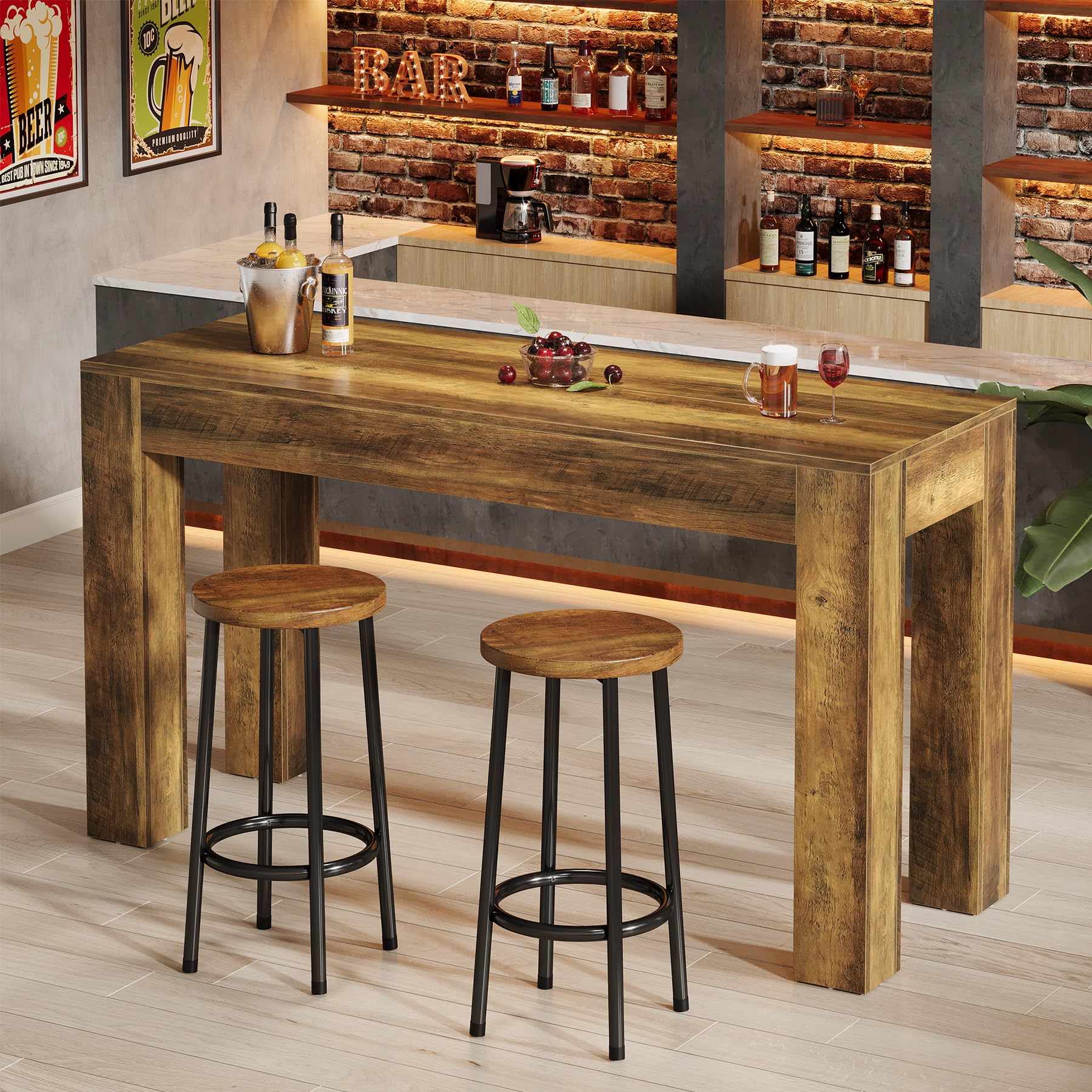 Tribesigns 63" Long Bar Table, Wooden Counter Height Table with 4 Legs, Rectangular Pub Table for Kitchen, Home Bar & Living Room, Rustic Brown (Rustic Brown)