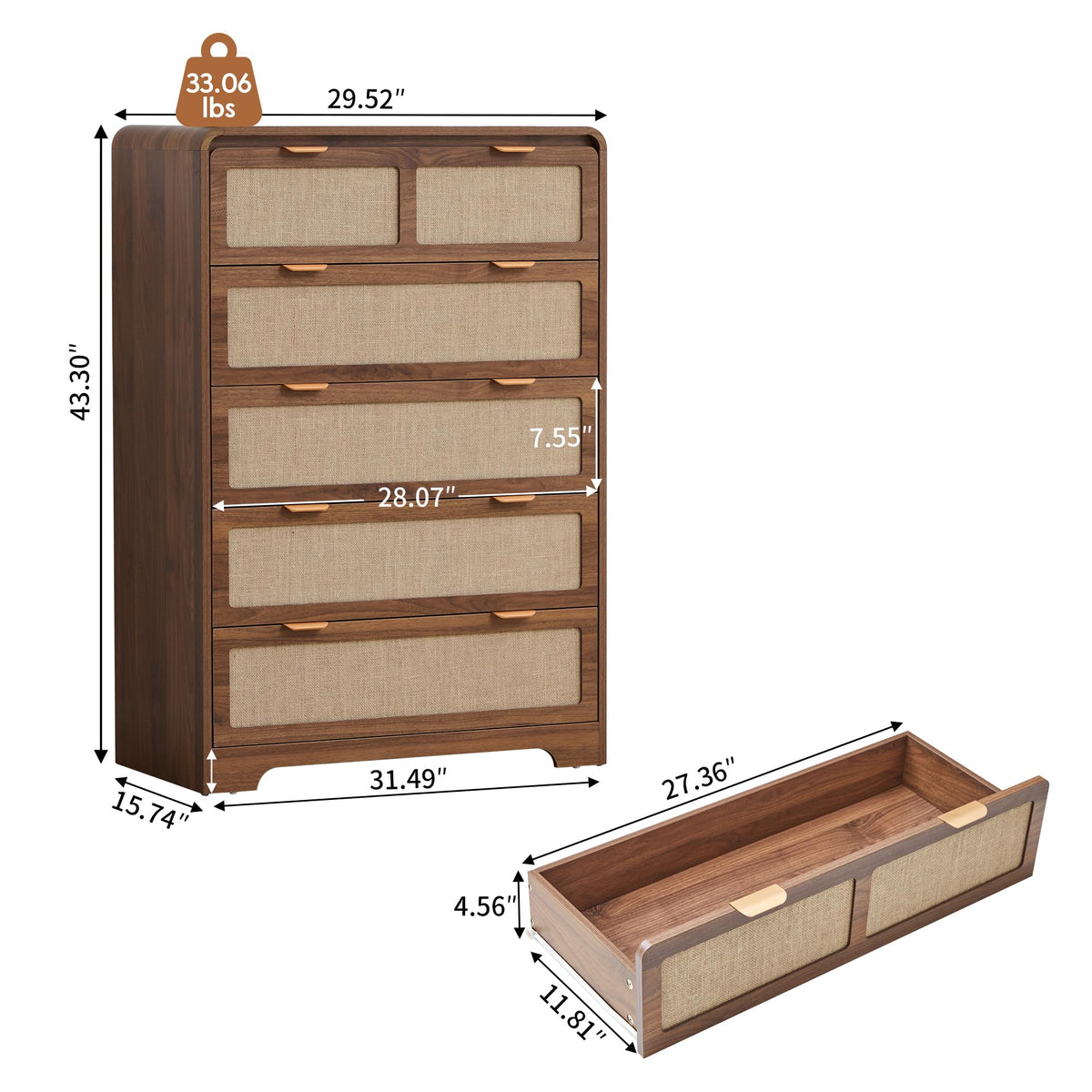 RUSTYER 43" Tall 5 Drawer Dresser for Bedroom, Modern Wood Dresser, Walnut
