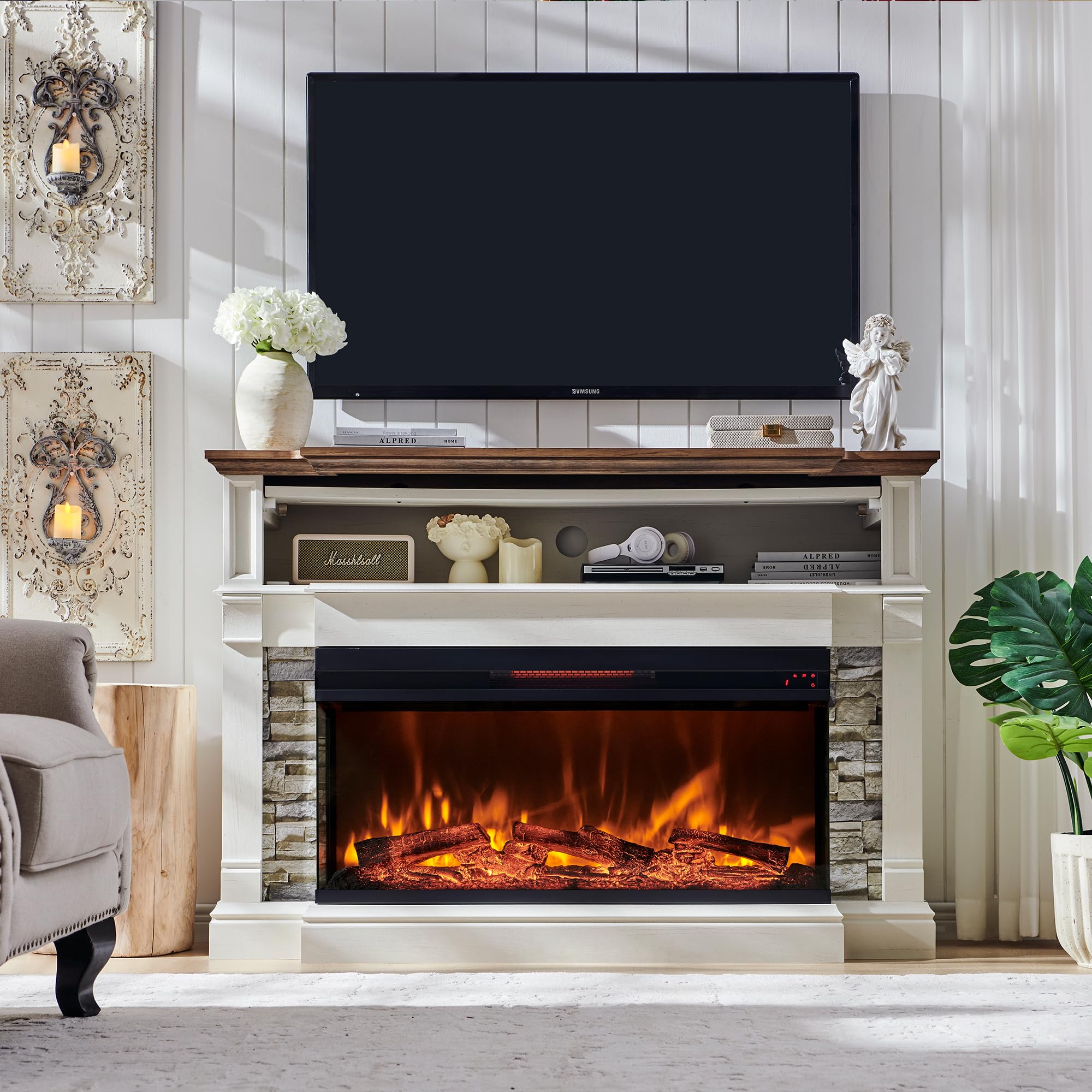 52" Electric Fireplace TV Stand with 3-Side Glass Insert