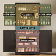 IRONCK Farmhouse Kitchen Pantry Cabinet, 72" Height Tall Freestanding Cupboard with Sliding Storage Rack and 6 Hanging Shelves for Kitchen, Dining Room, Black