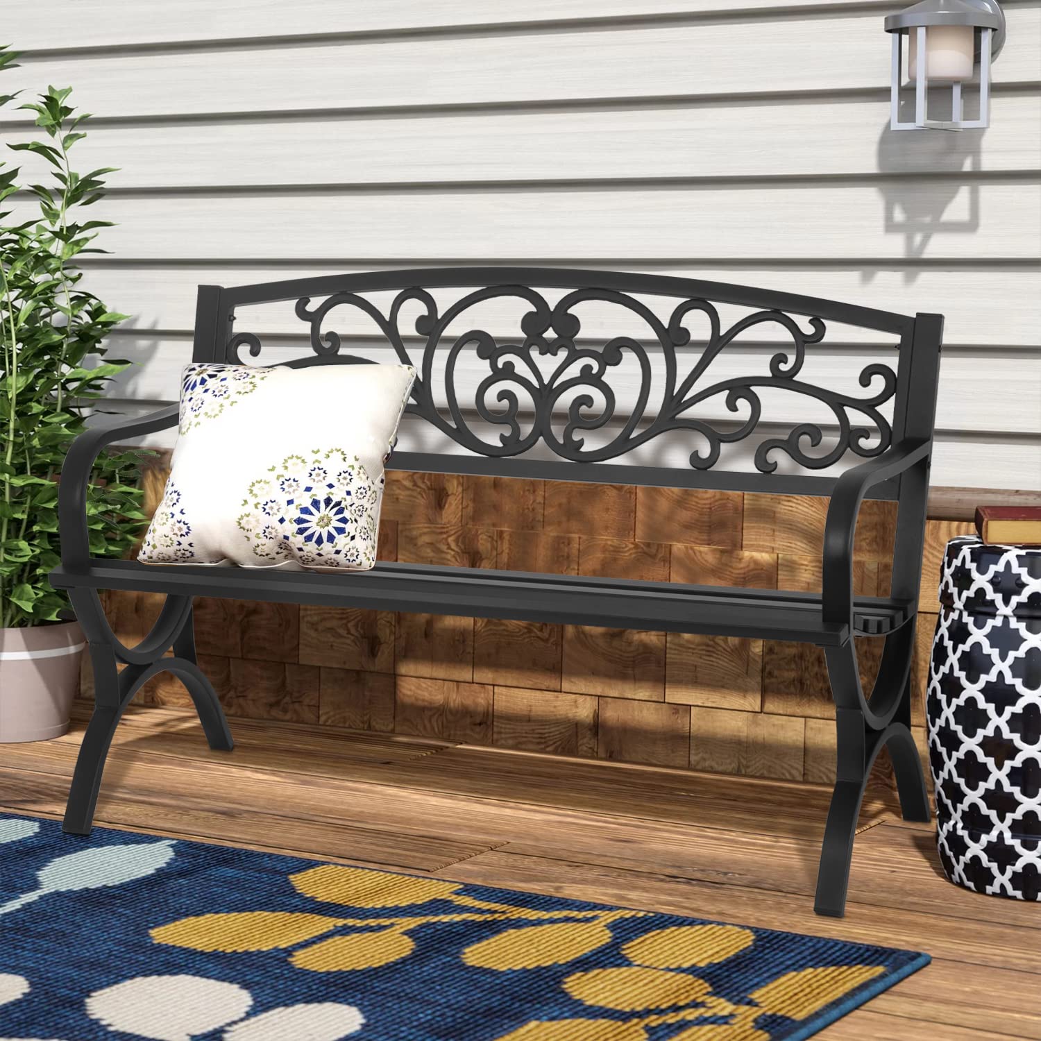 50-Inch Outdoor Metal Bench with Floral Backrest
