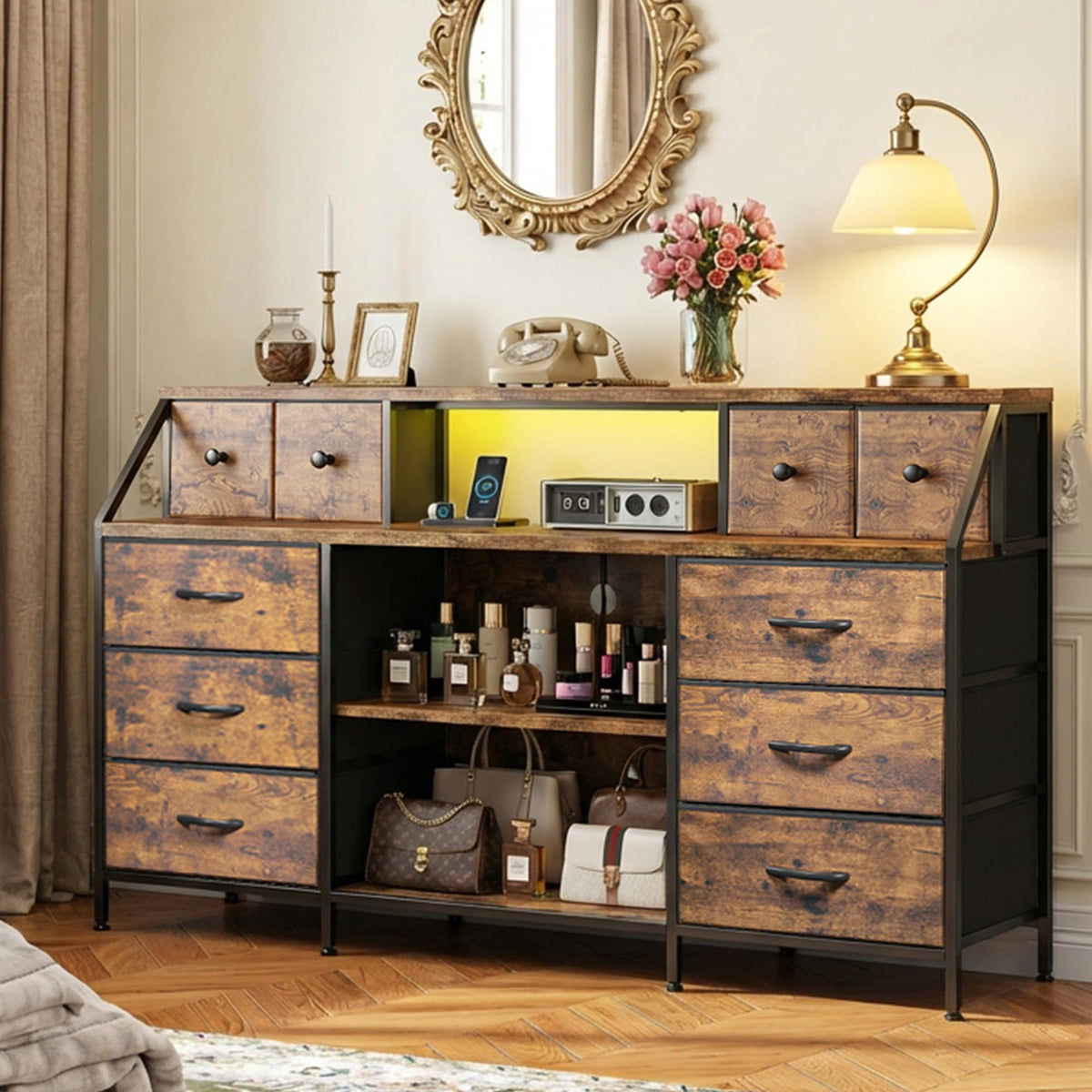 Romorgniz 55" W Dresser with Charging Station & LED, Detachable Mesh Door