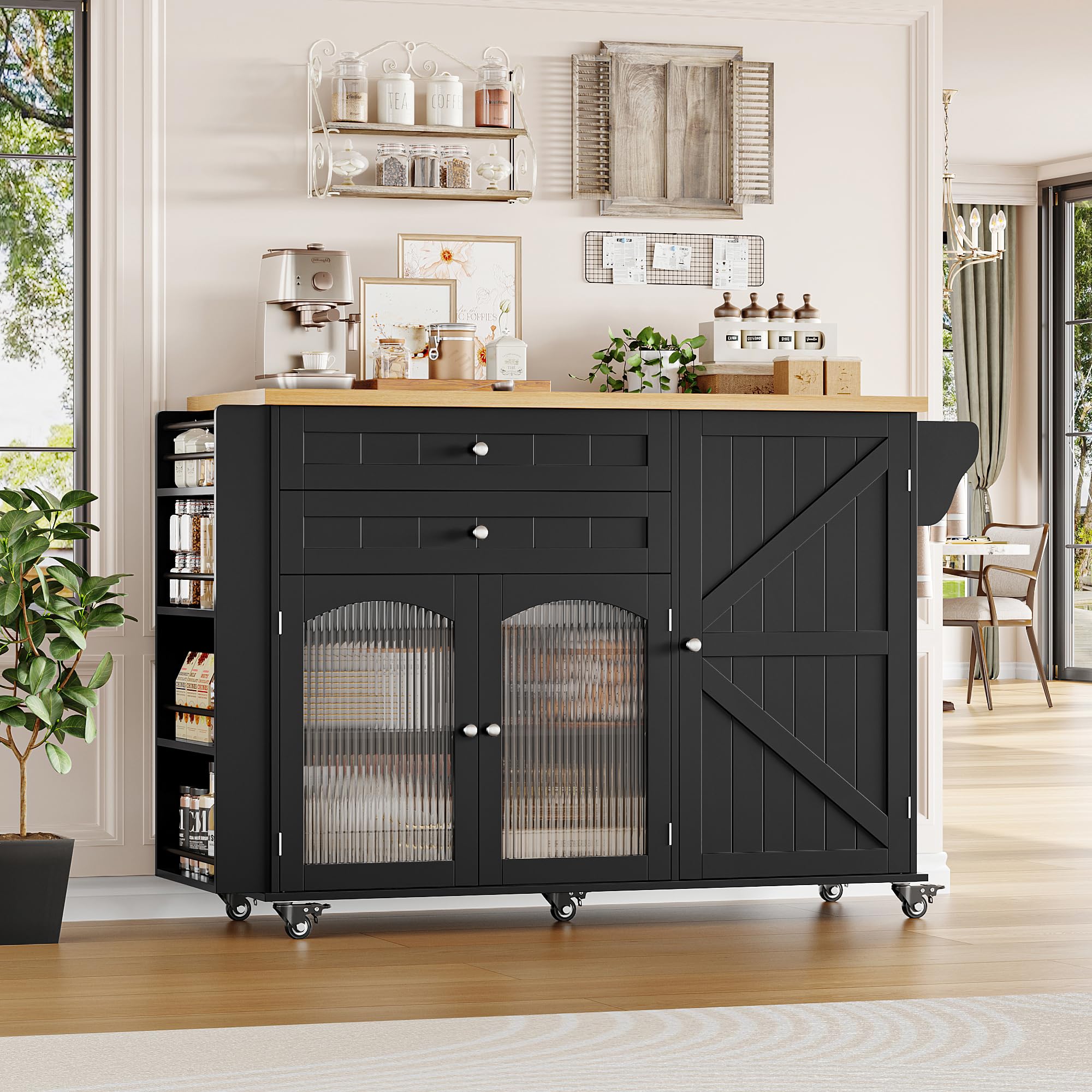 Rolling Kitchen Island Cart with Drop Leaf Countertop