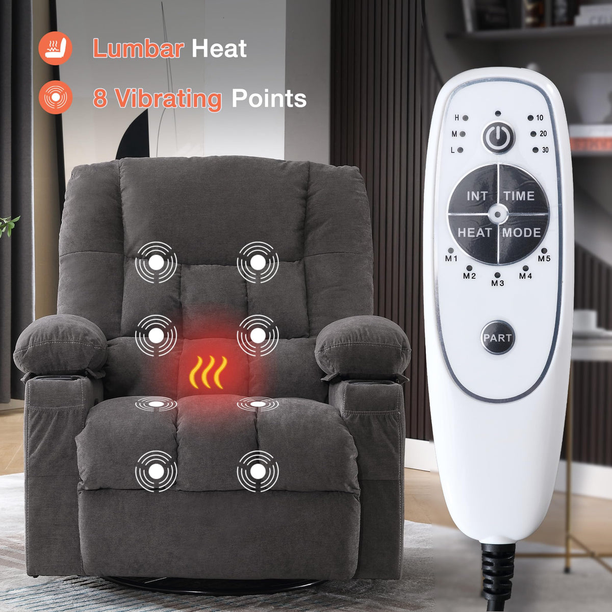 Manual Swivel Rocking Recliner Chair with 8-Zone Massage & Lumbar Heat