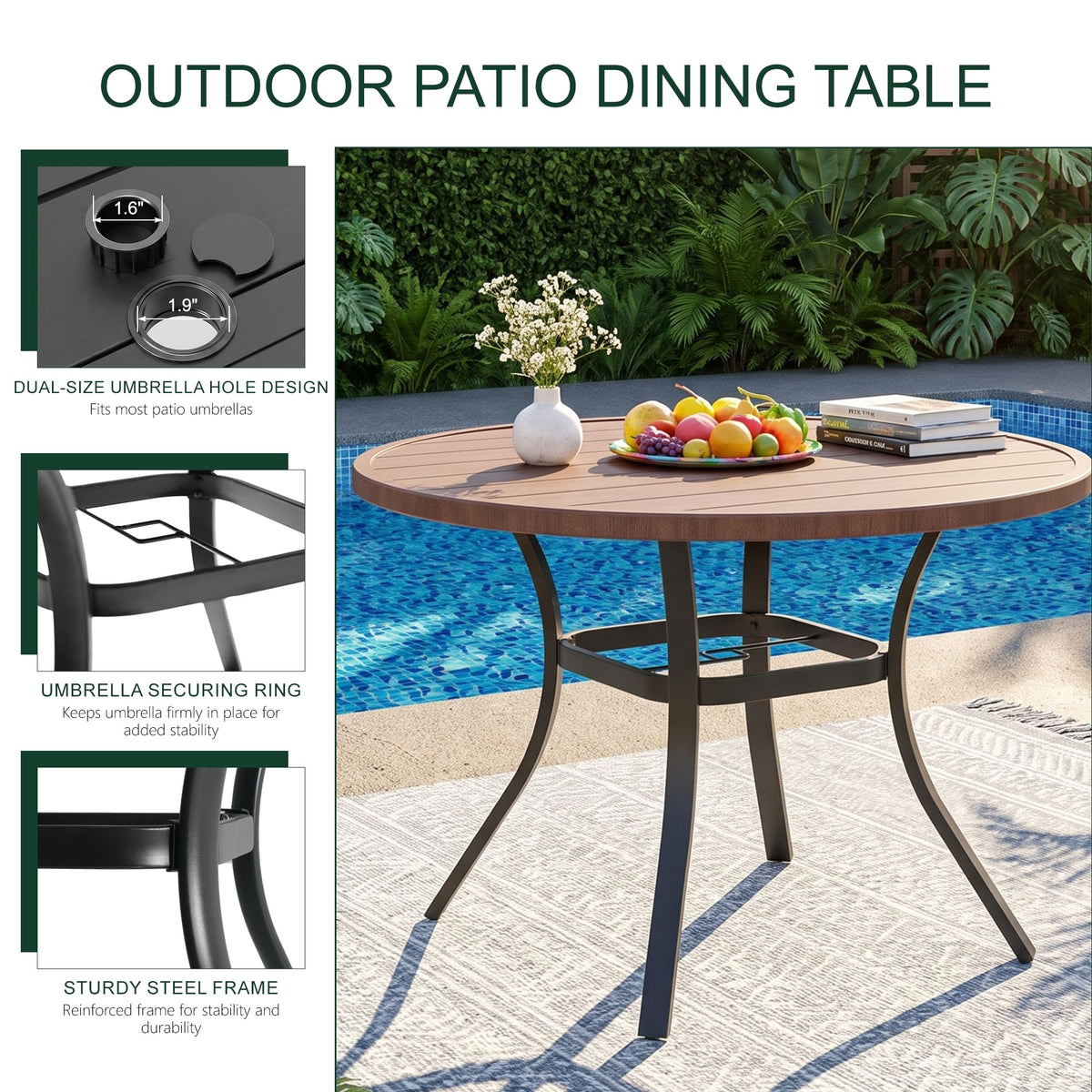 Anmutig 41" Round Outdoor Dining Table Metal Patio Table Brown Top