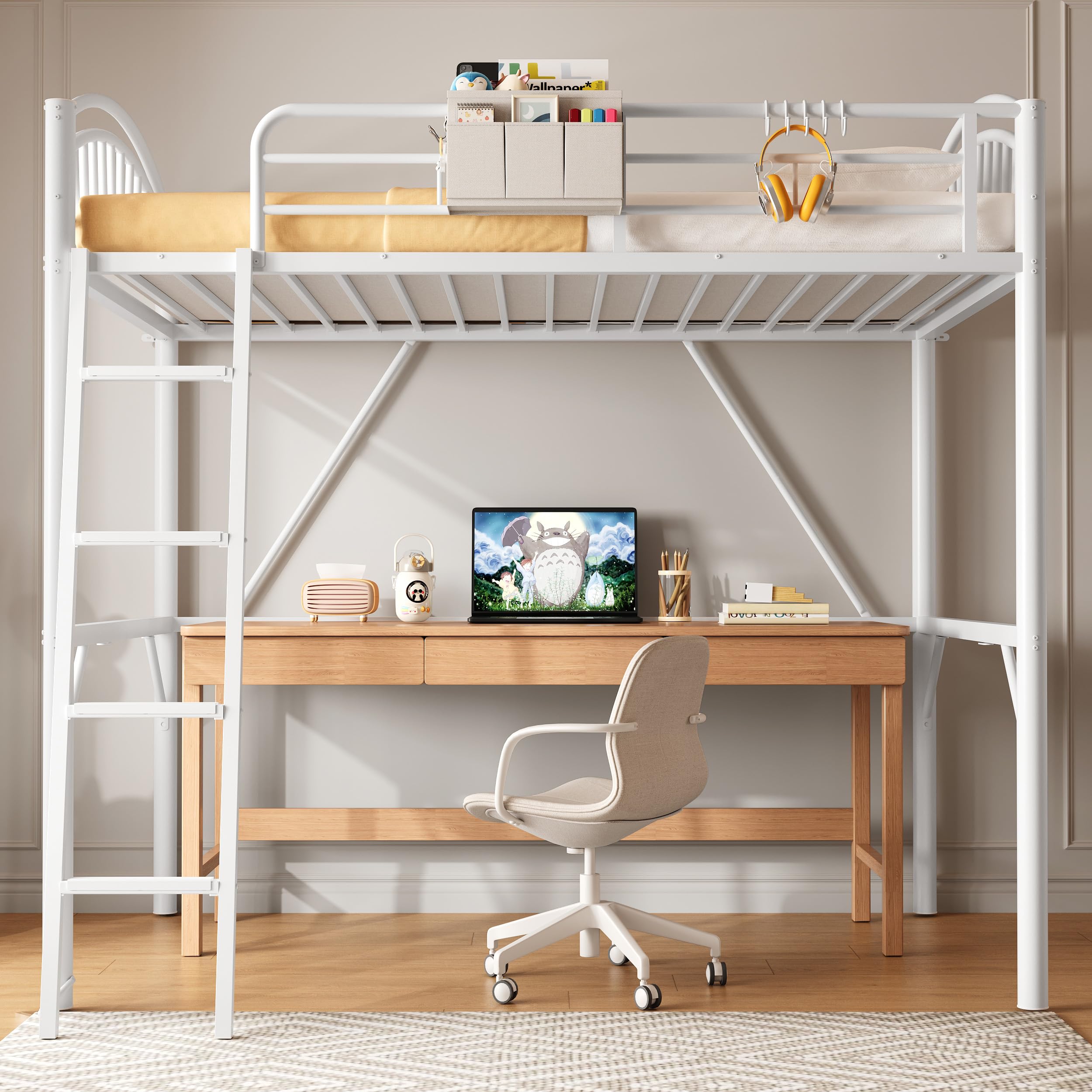 Twin Metal Loft Bed with Convertible Ladder