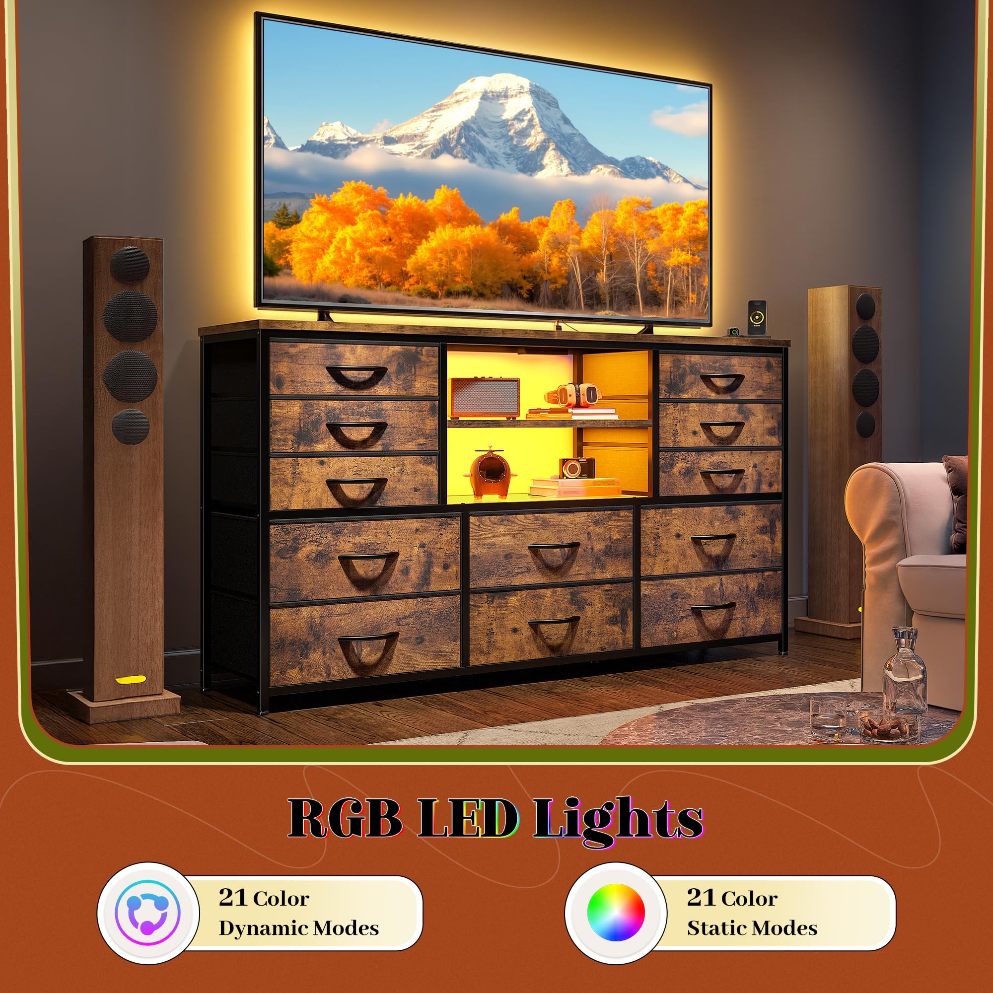 EnHomee 12 Drawers Dresser for Bedroom with LED Lights & Charging Station,TV Stand for 55/60'' TV, Fabric Dressers & Chests of Drawers with 3 Wooden Shelves for Hallway,Sturdy,Rustic Brown