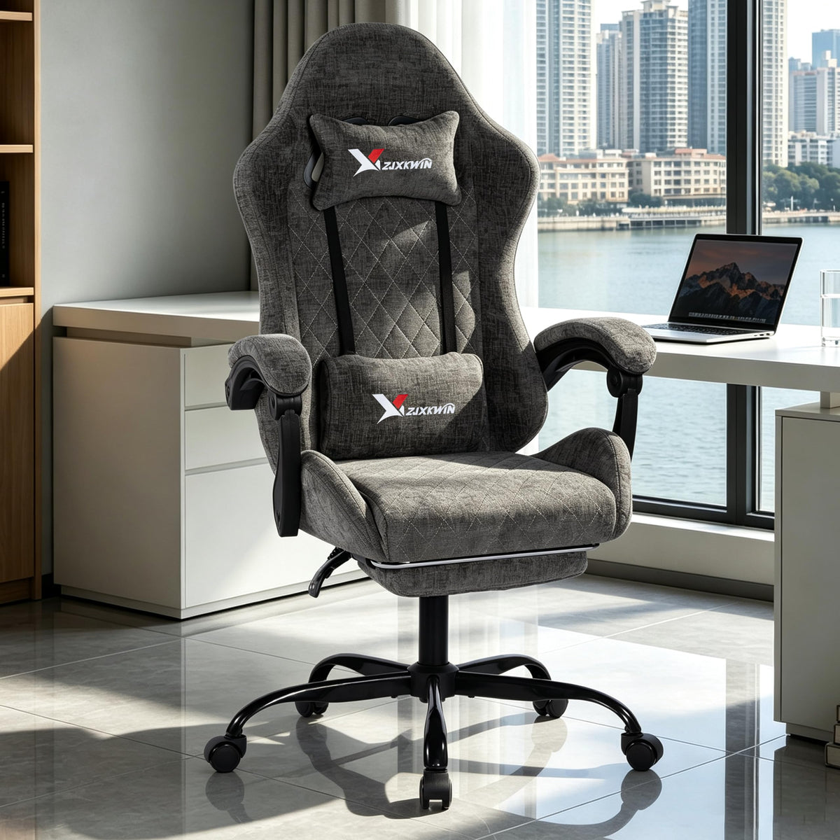 Grey Fabric Gaming Chair with Footrest