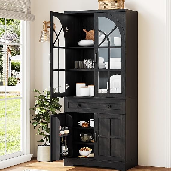Farmhouse Pantry Cabinet with Tempered Glass Doors