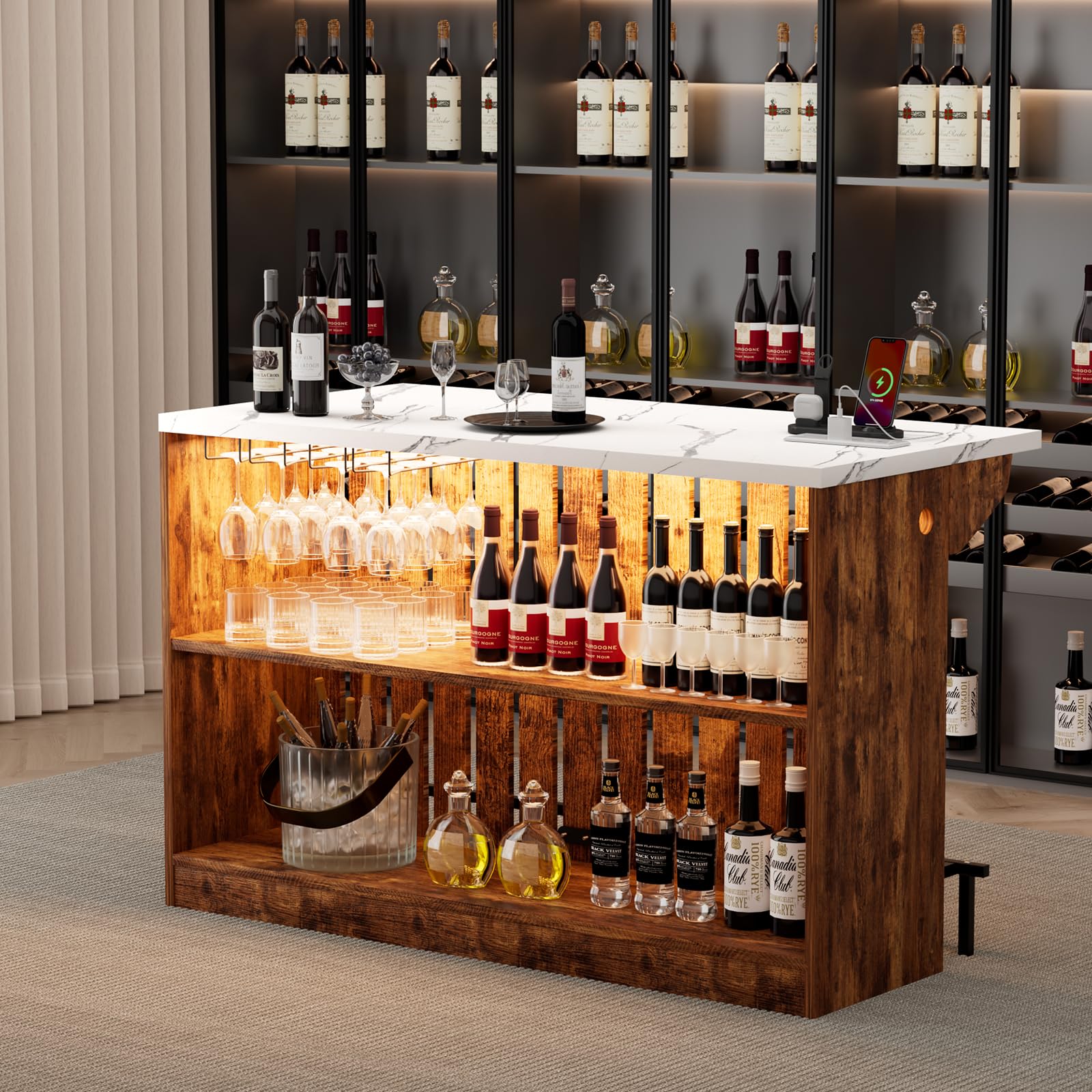 VAXZOFI Home Bar Unit with LED Lights and Charging Station, Imitation Marble Mini Coffee Bar Pub Table with 2-Tier Storage, Footrest, Drop Leaf Kitchen Islands for Dining Room, Bistro, Living Room