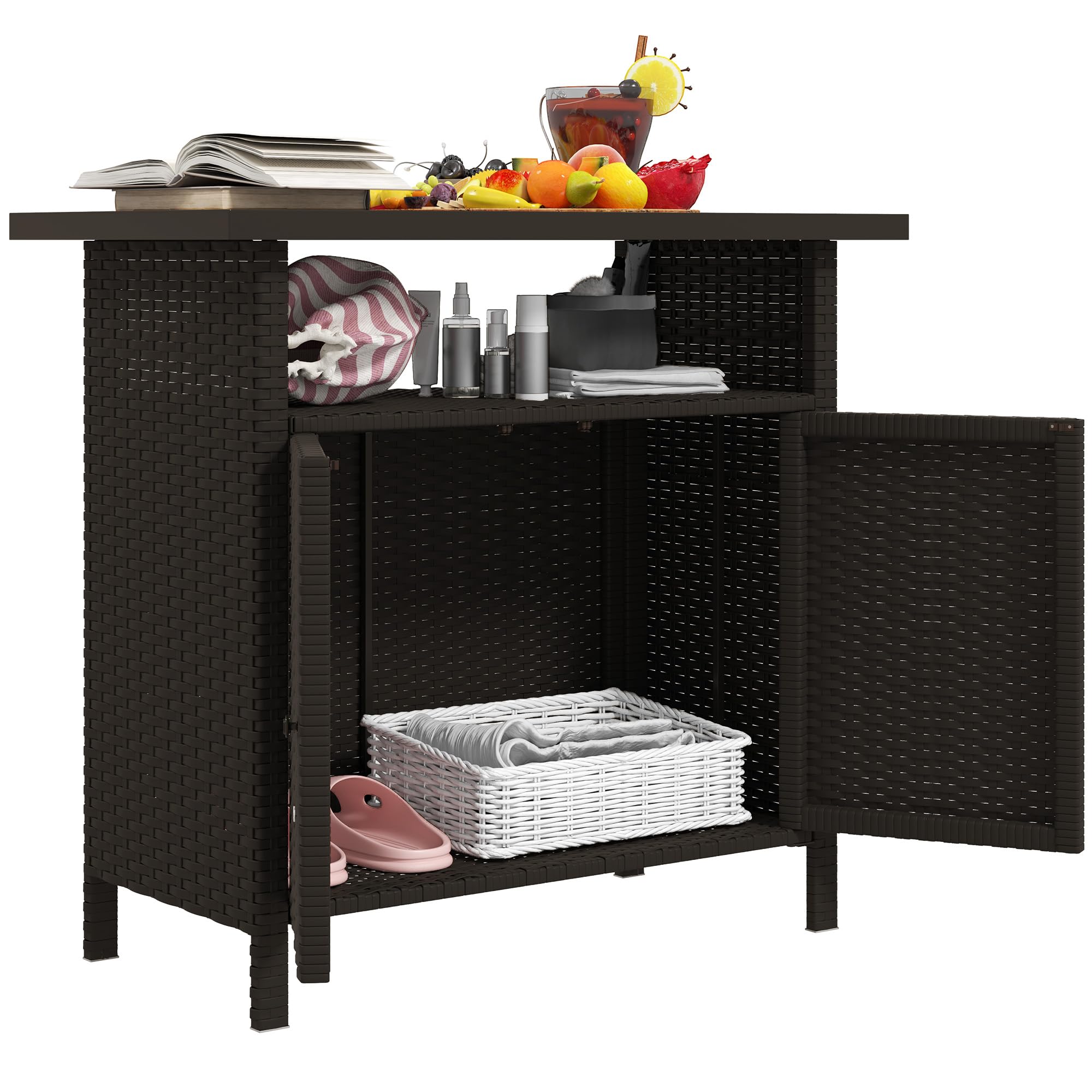 Outsunny Wicker Outdoor Storage Cabinet, Rattan Bar Table with 2 Doors and Shelf, Buffet Sideboard with Metal Slatted Countertop for Poolside, Patio, Backyard, Dark Coffee