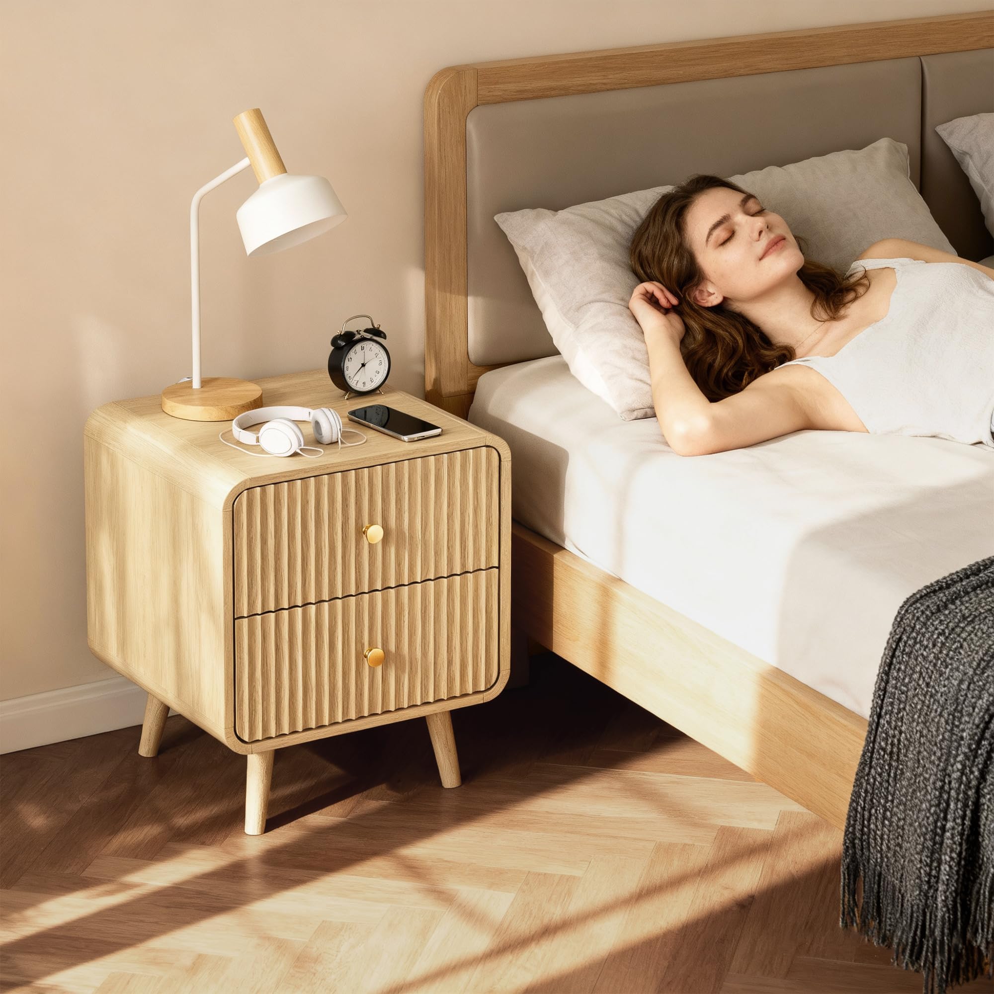 Fluted Nightstand with 2 Drawers – Oak