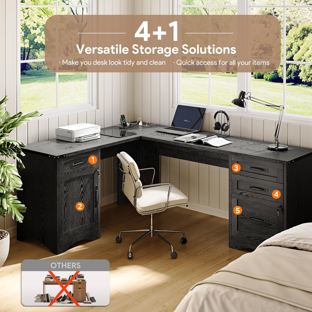 Decofy 67" Farmhouse L Shaped Standing Desk with Drawers Home Office Executive Desks with Fast Charging Station, Lockable File Cabinet, Wood Writing Computer Desk for Work, Study