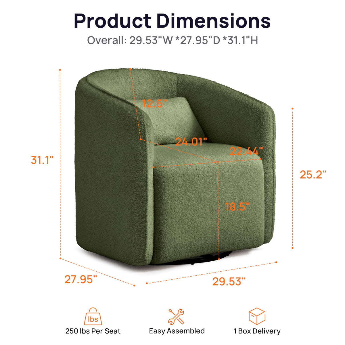 Oversized Boucle Swivel Chair with 82L Storage, Barrel Accent Chairs, Green
