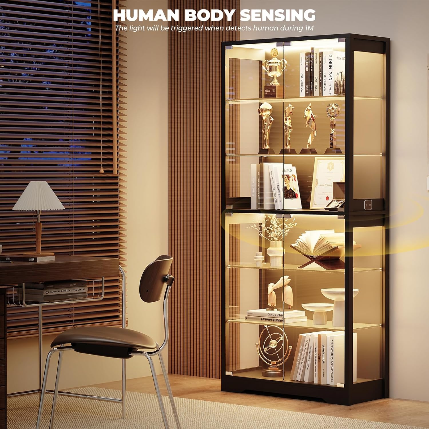 6-Tier Glass Display Cabinet with LED Lights & Motion Sensor