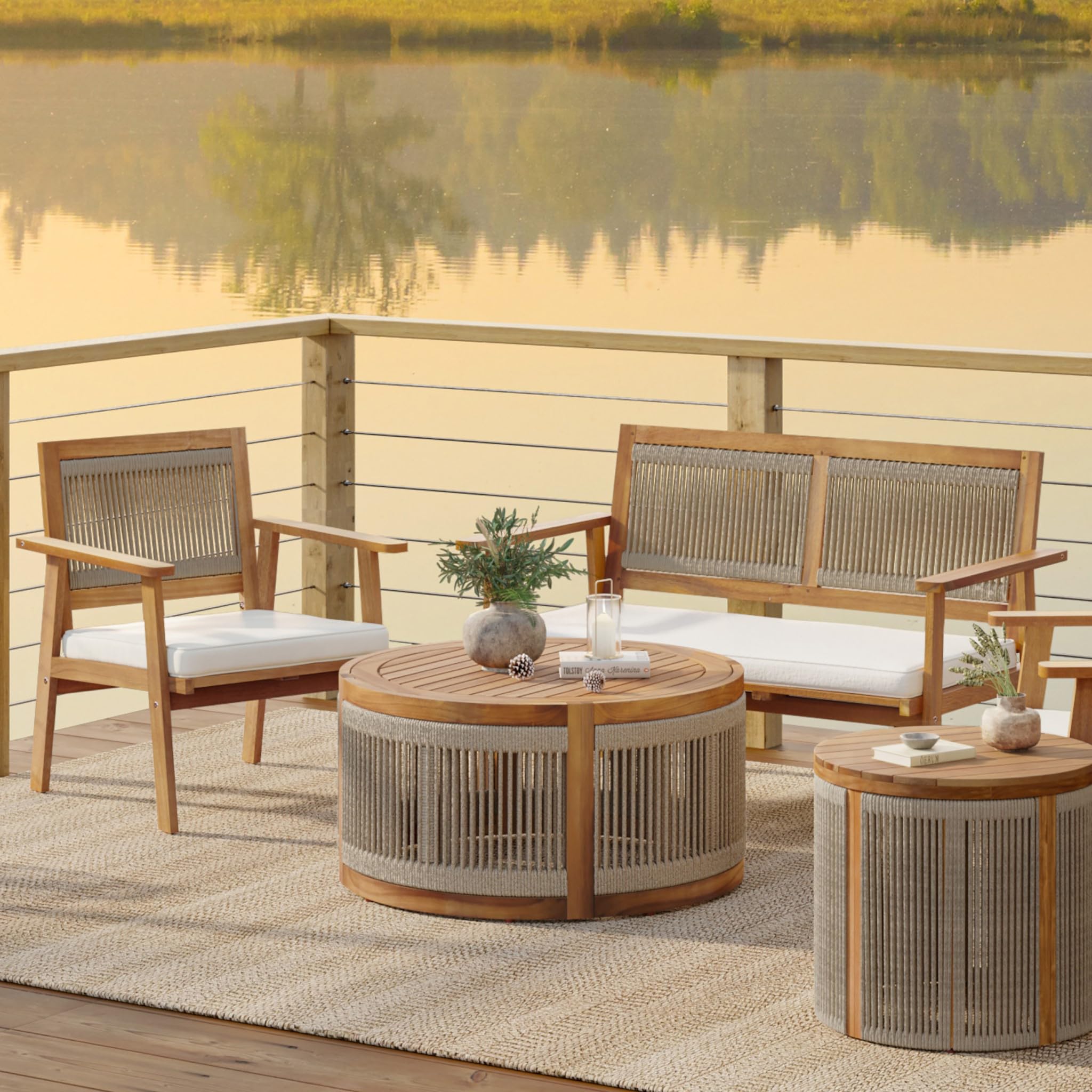 Round Acacia Wood & Rope Outdoor Coffee Table