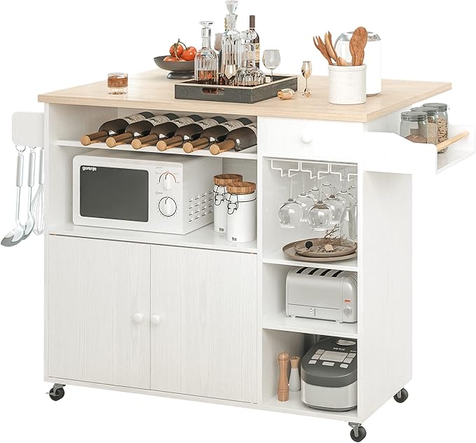 Kitchen Island Cart with Drop-Leaf & Wine Rack